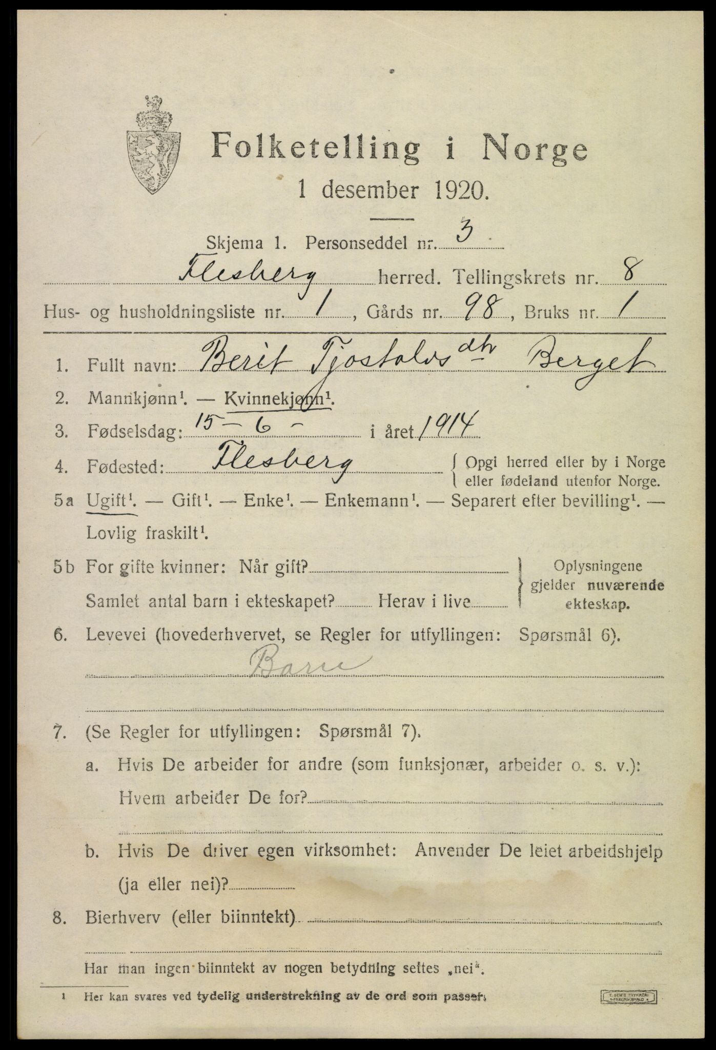 SAKO, 1920 census for Flesberg, 1920, p. 3055