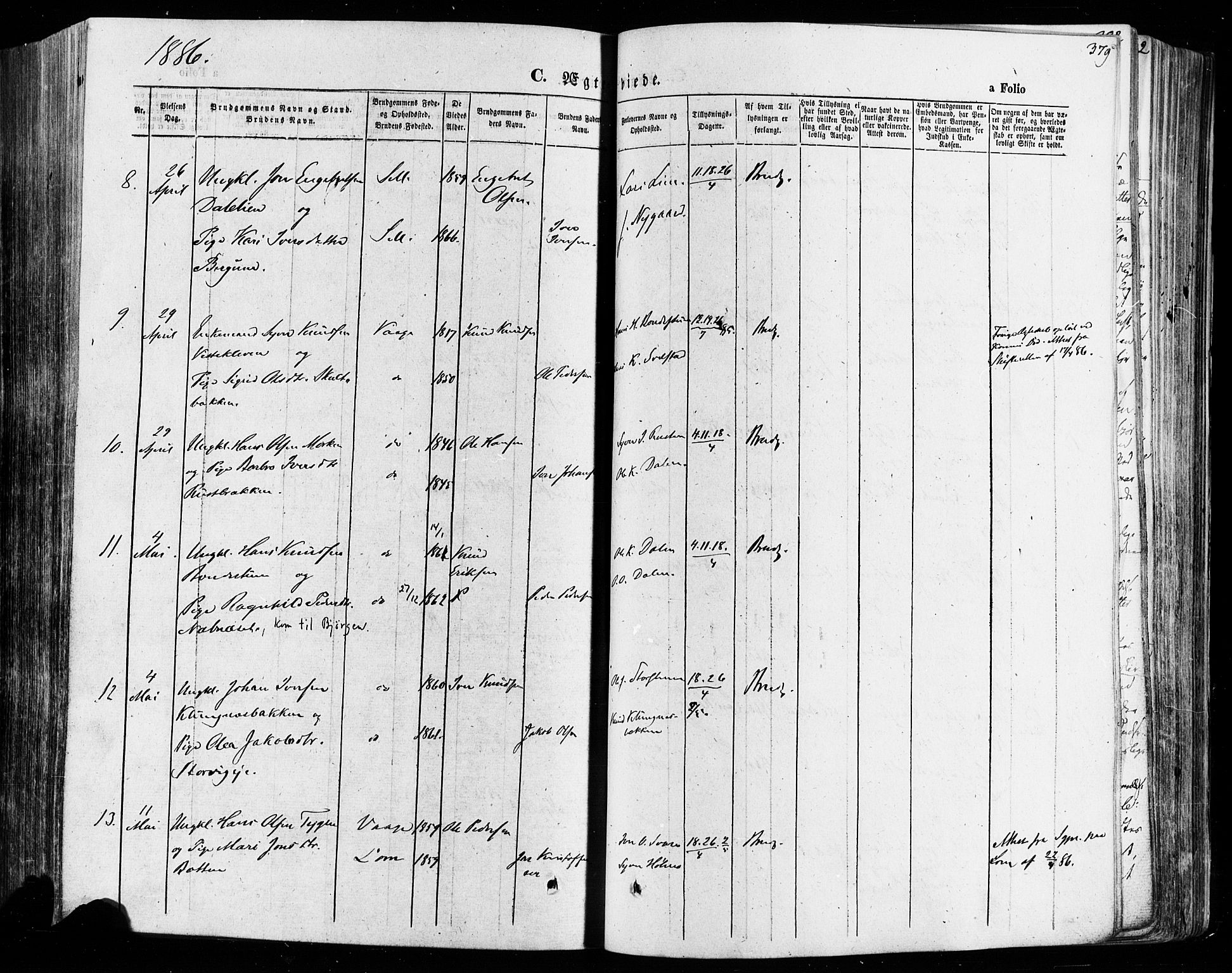 Vågå prestekontor, SAH/PREST-076/H/Ha/Haa/L0007: Parish register (official) no. 7 /1, 1872-1886, p. 379