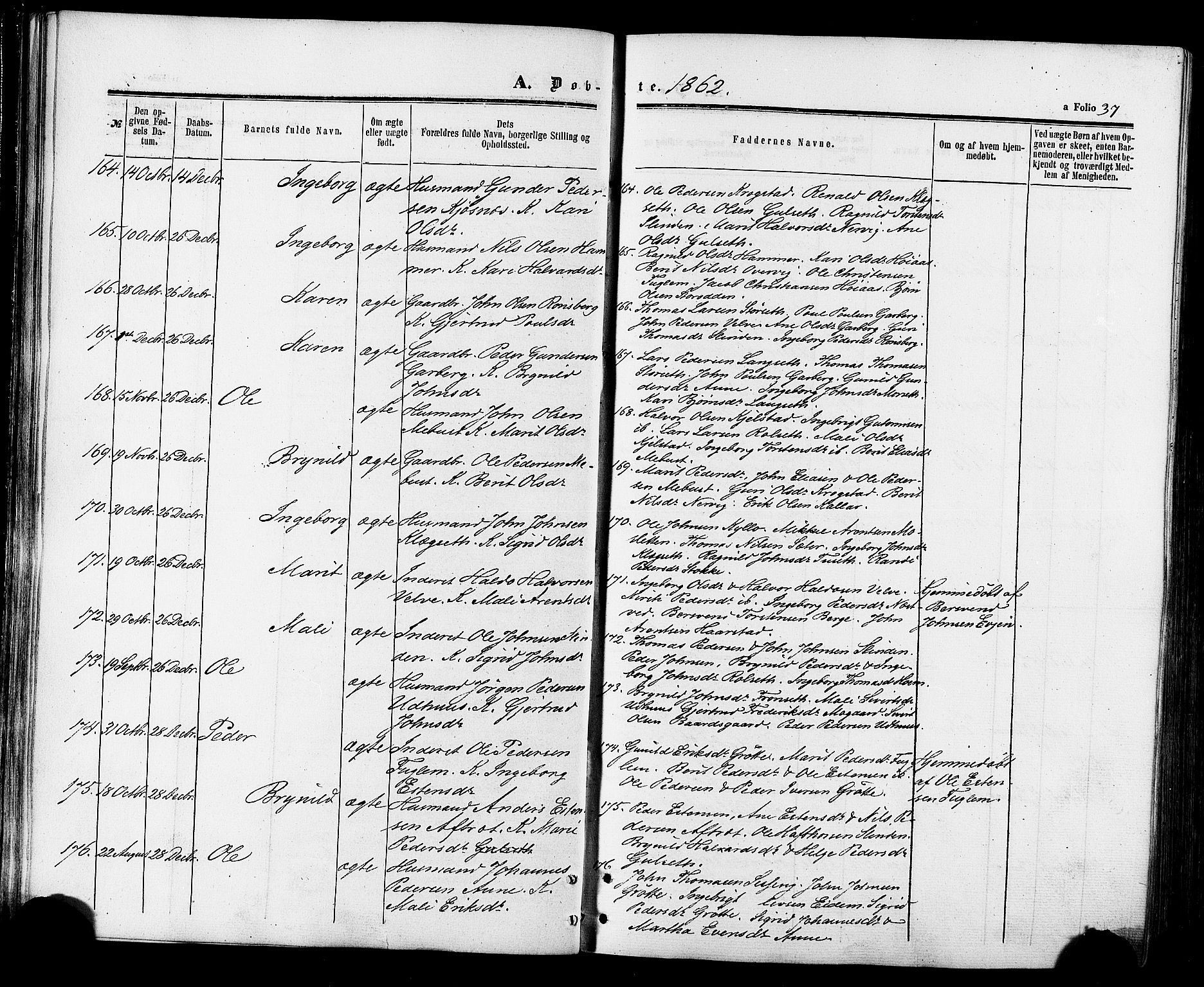 Ministerialprotokoller, klokkerbøker og fødselsregistre - Sør-Trøndelag, SAT/A-1456/695/L1147: Parish register (official) no. 695A07, 1860-1877, p. 37