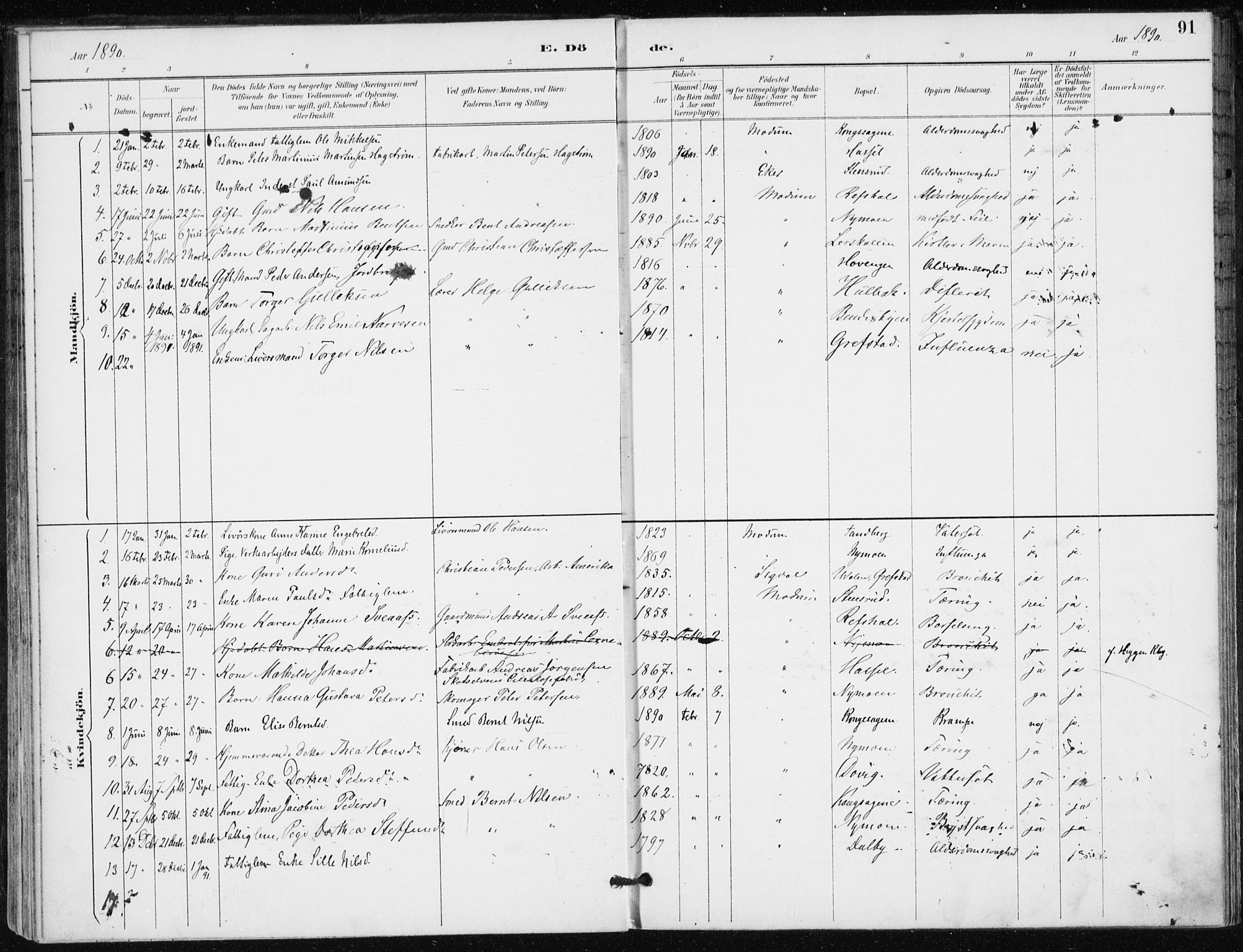 Modum kirkebøker, AV/SAKO-A-234/F/Fa/L0016: Parish register (official) no. 16, 1890-1899, p. 91