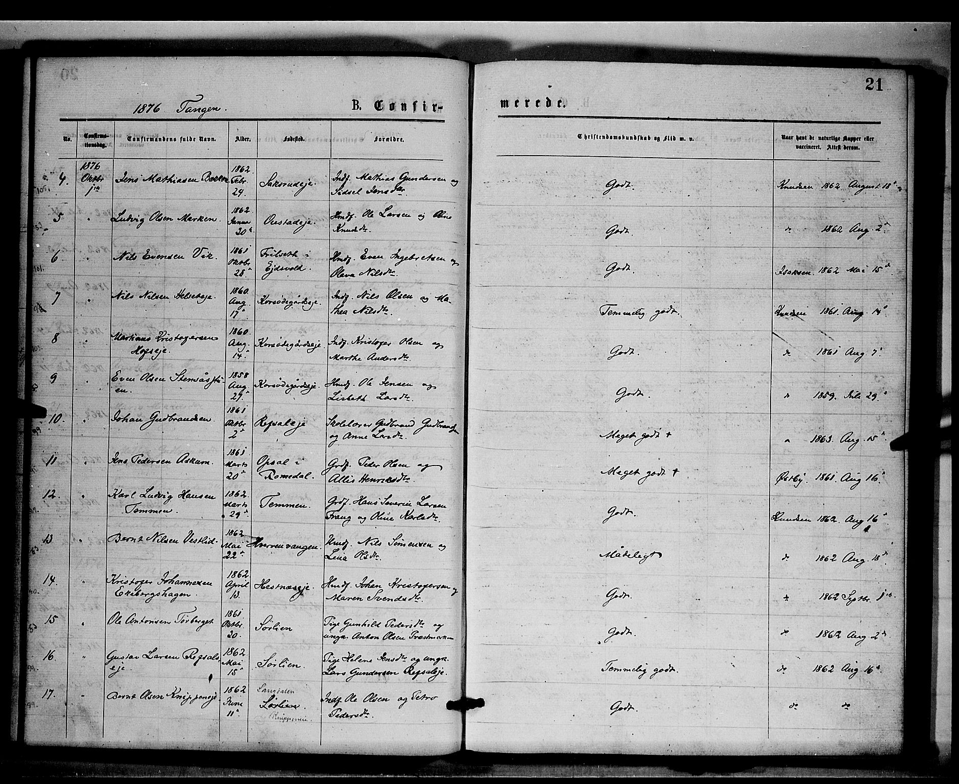 Stange prestekontor, SAH/PREST-002/K/L0016: Parish register (official) no. 16, 1874-1879, p. 21