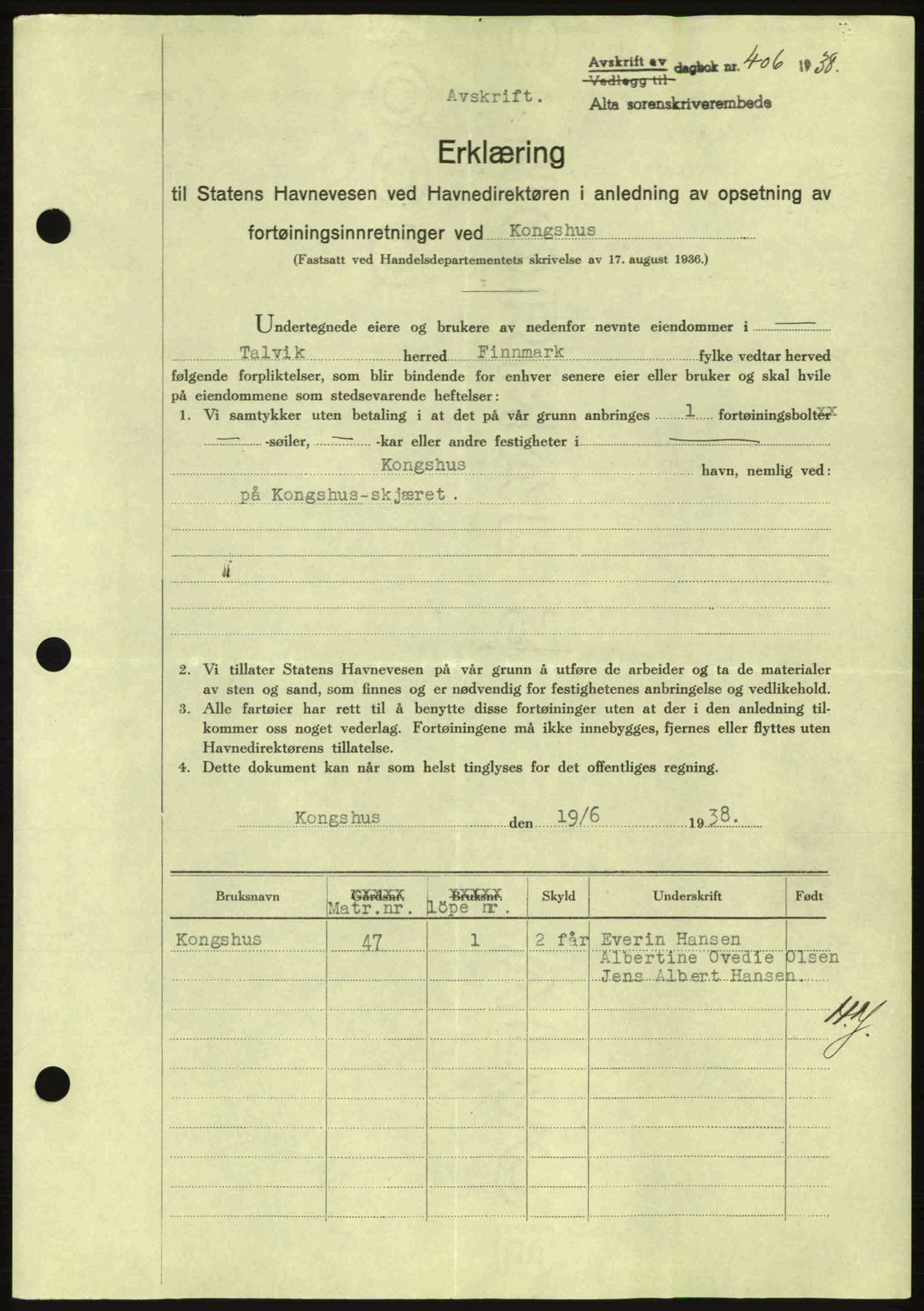 Alta fogderi/sorenskriveri, SATØ/SATØ-5/1/K/Kd/L0031pantebok: Mortgage book no. 31, 1938-1939, Diary no: : 406/1938