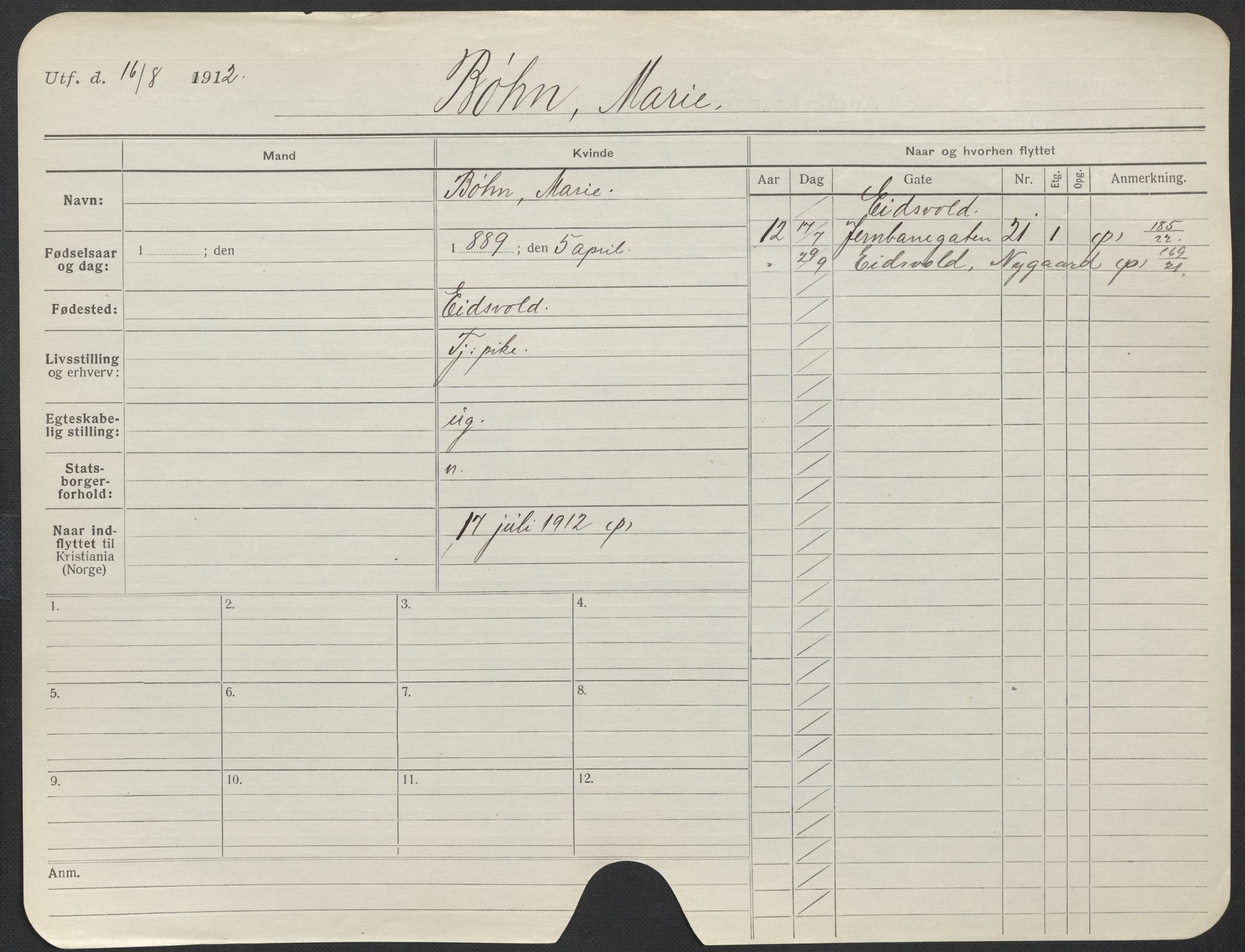 Oslo folkeregister, Registerkort, AV/SAO-A-11715/F/Fa/Fac/L0013: Kvinner, 1906-1914, p. 1028a