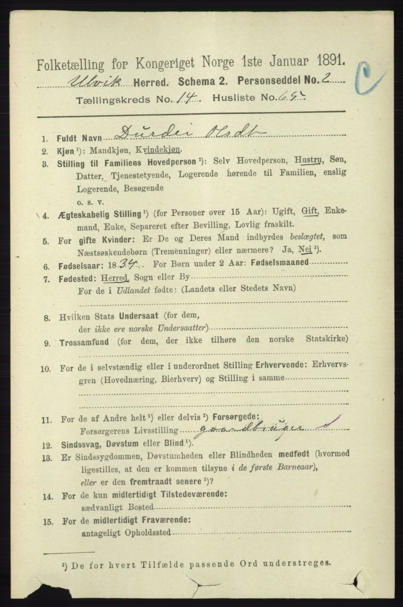 RA, 1891 census for 1233 Ulvik, 1891, p. 4576