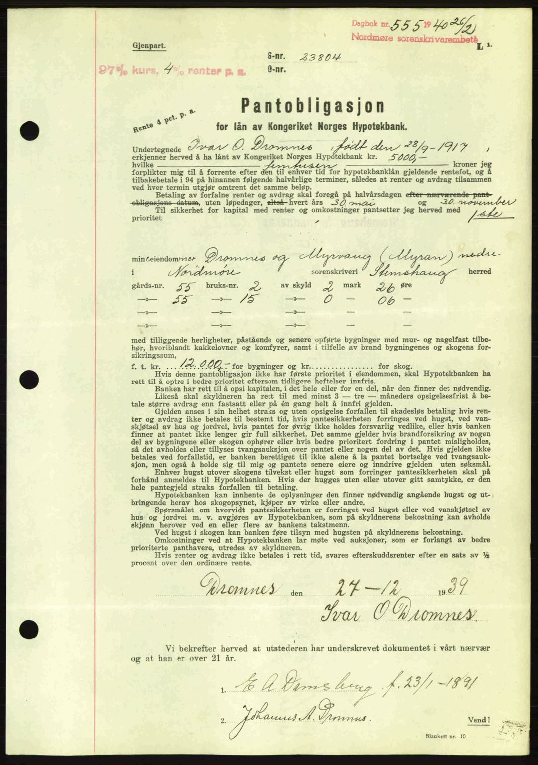 Nordmøre sorenskriveri, AV/SAT-A-4132/1/2/2Ca: Mortgage book no. B86, 1939-1940, Diary no: : 555/1940