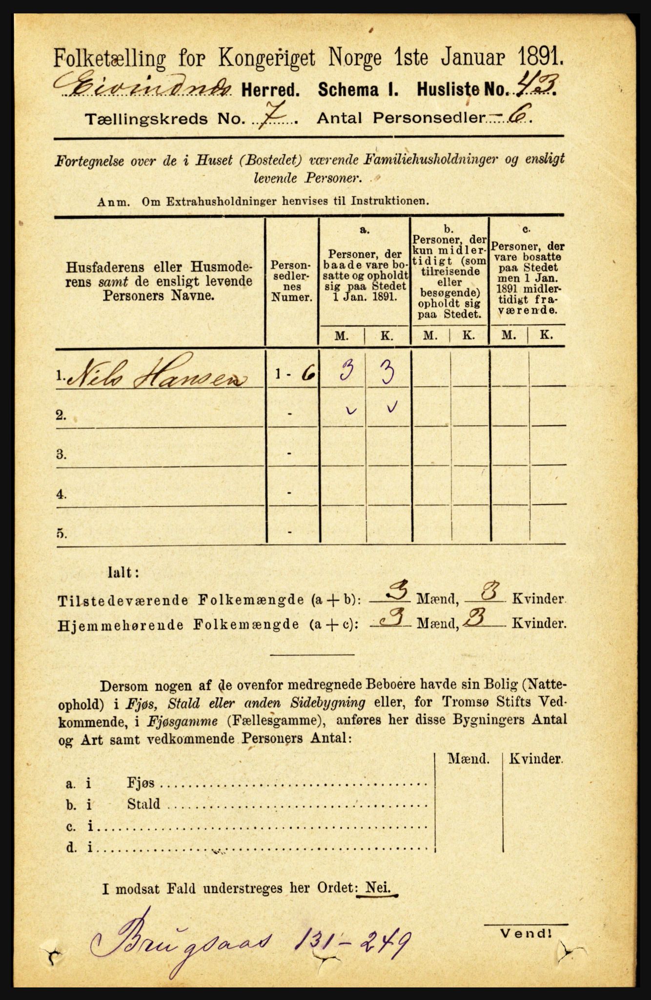 RA, 1891 census for 1853 Evenes, 1891, p. 2164