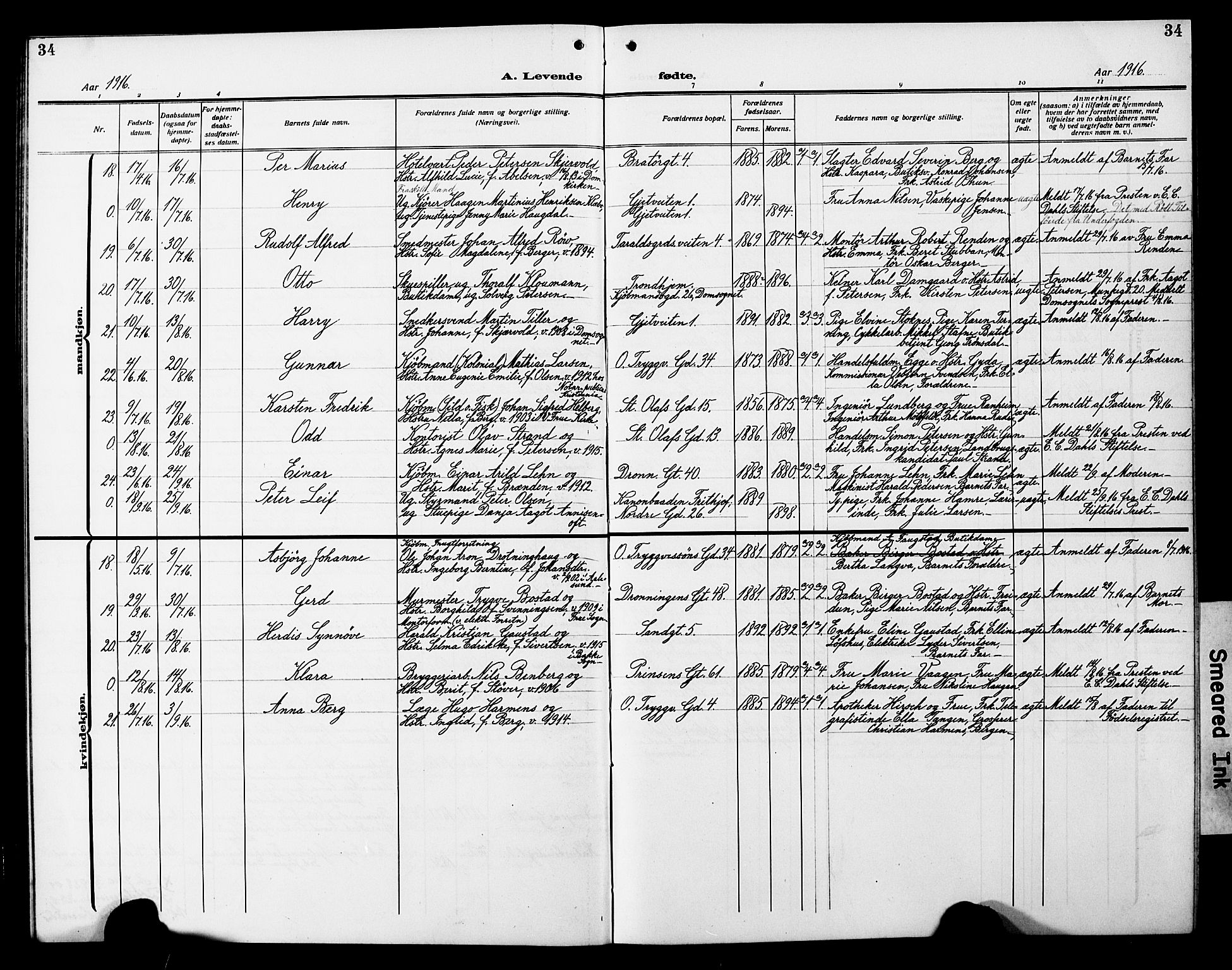 Ministerialprotokoller, klokkerbøker og fødselsregistre - Sør-Trøndelag, SAT/A-1456/602/L0147: Parish register (copy) no. 602C15, 1911-1924, p. 34