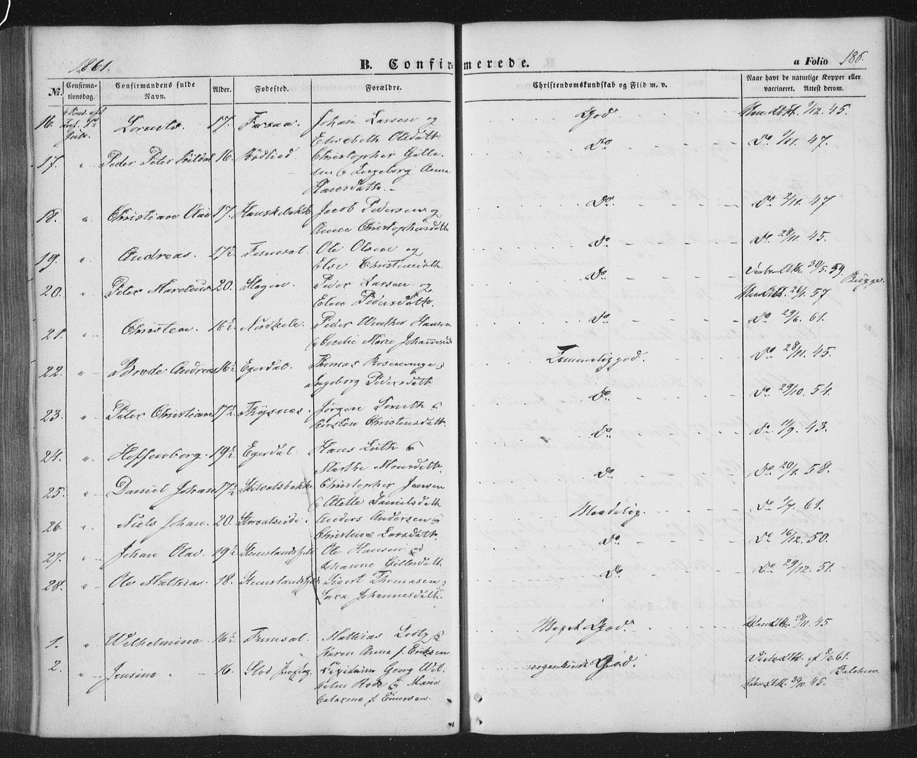 Ministerialprotokoller, klokkerbøker og fødselsregistre - Nordland, AV/SAT-A-1459/859/L0844: Parish register (official) no. 859A04, 1849-1862, p. 186