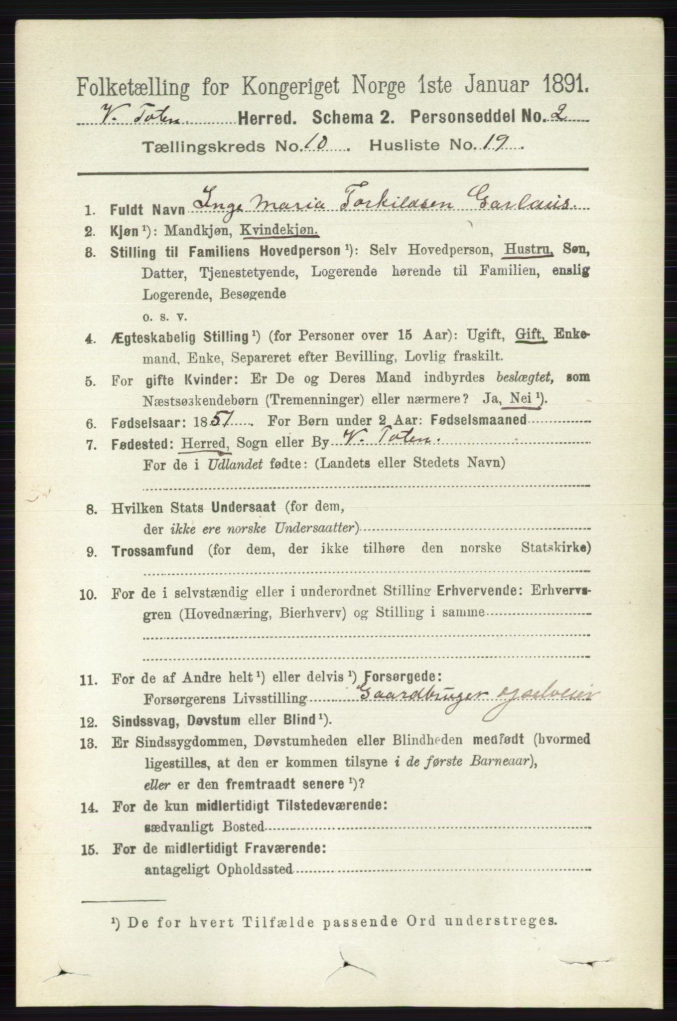 RA, 1891 census for 0529 Vestre Toten, 1891, p. 6300