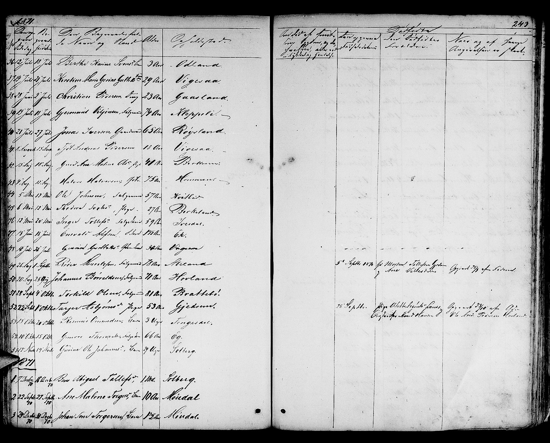 Helleland sokneprestkontor, AV/SAST-A-101810: Parish register (copy) no. B 3, 1847-1886, p. 243