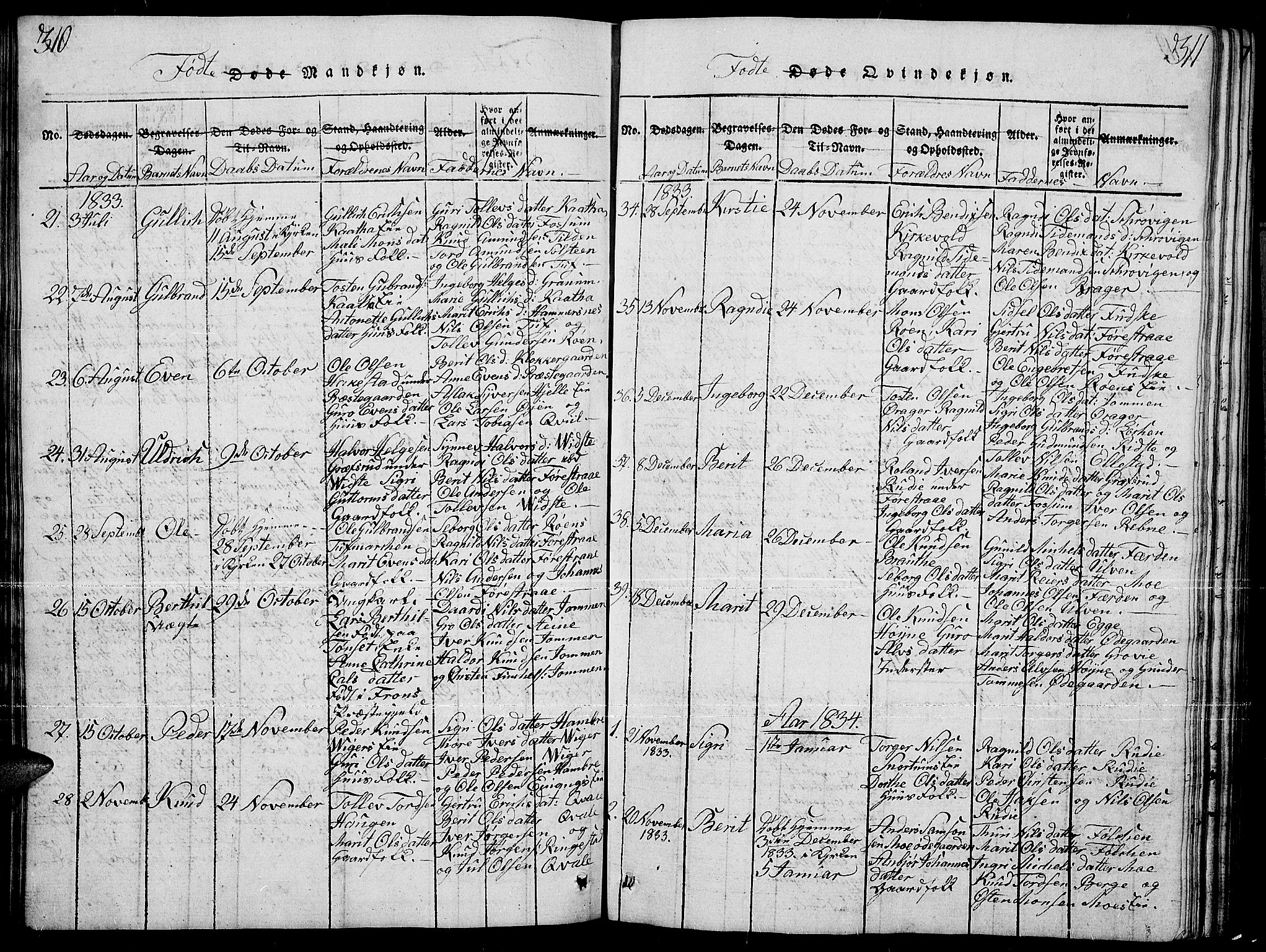 Slidre prestekontor, SAH/PREST-134/H/Ha/Hab/L0001: Parish register (copy) no. 1, 1814-1838, p. 310-311