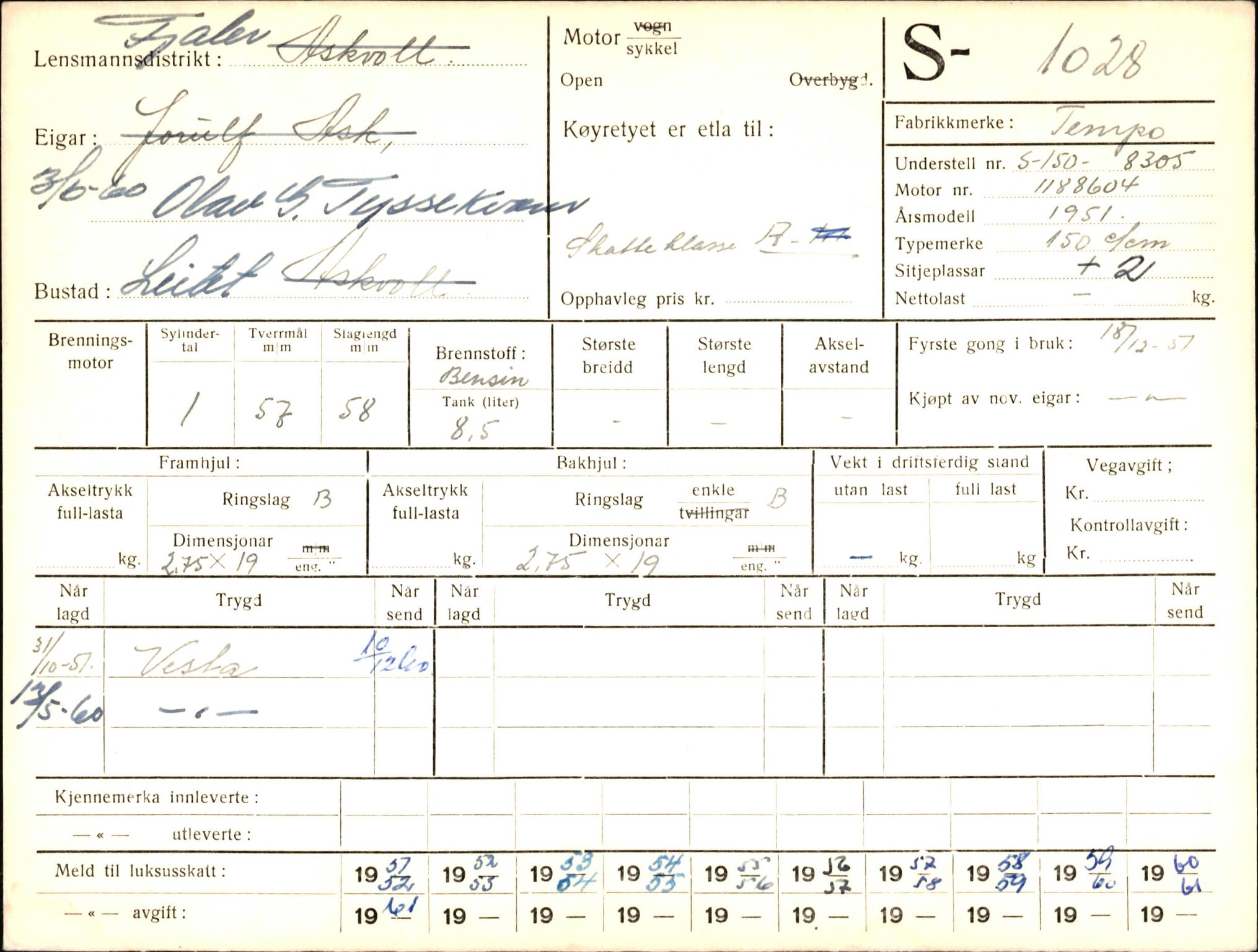 Statens vegvesen, Sogn og Fjordane vegkontor, AV/SAB-A-5301/4/F/L0003: Registerkort utmeldte Fjordane S1000-2499, 1930-1961, p. 50