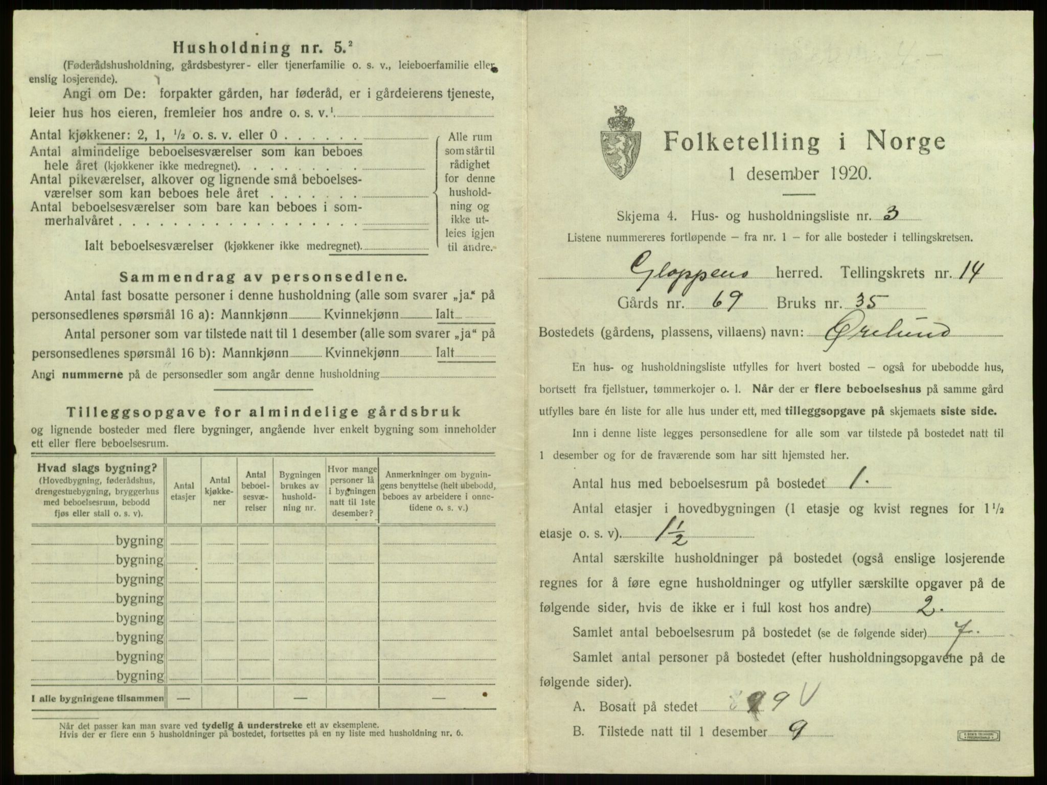 SAB, 1920 census for Gloppen, 1920, p. 918