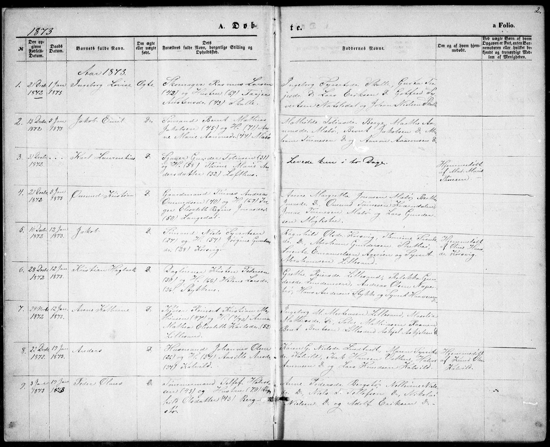 Vestre Moland sokneprestkontor, SAK/1111-0046/F/Fb/Fbb/L0005: Parish register (copy) no. B 5, 1872-1883, p. 2