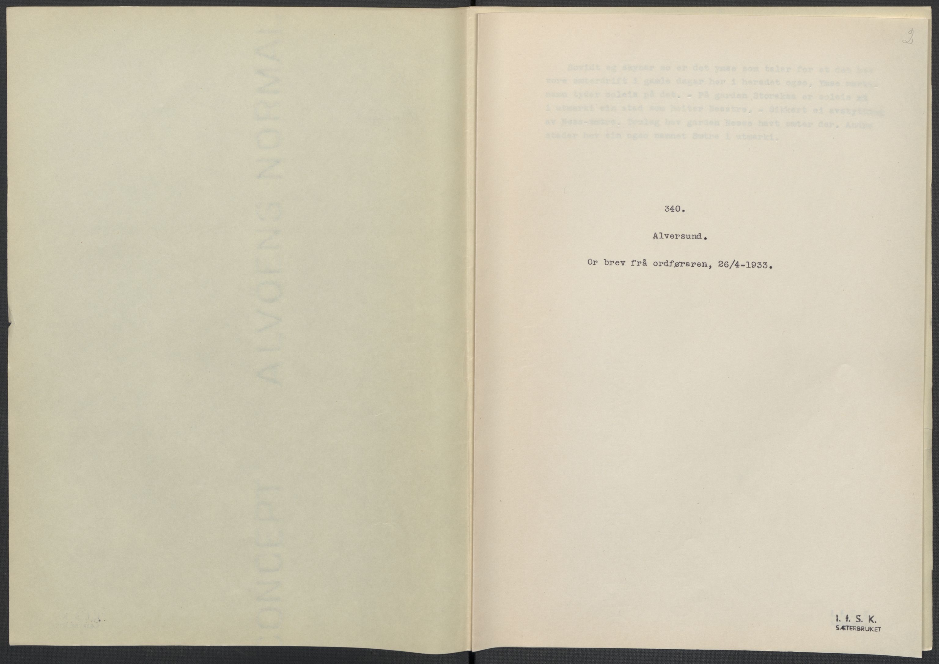 Instituttet for sammenlignende kulturforskning, AV/RA-PA-0424/F/Fc/L0010/0002: Eske B10: / Hordaland (perm XXVI), 1932-1935, p. 2