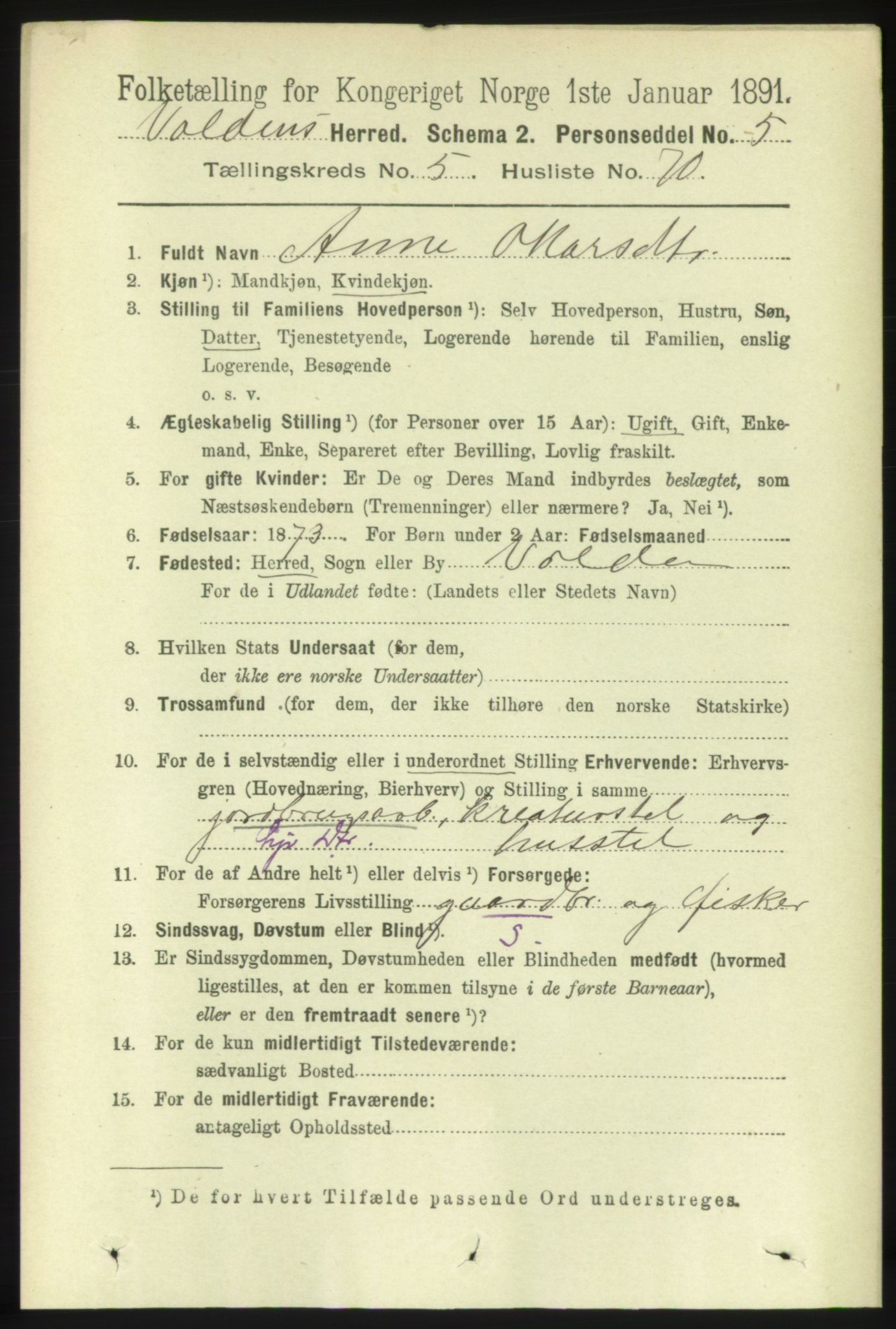 RA, 1891 census for 1519 Volda, 1891, p. 2705