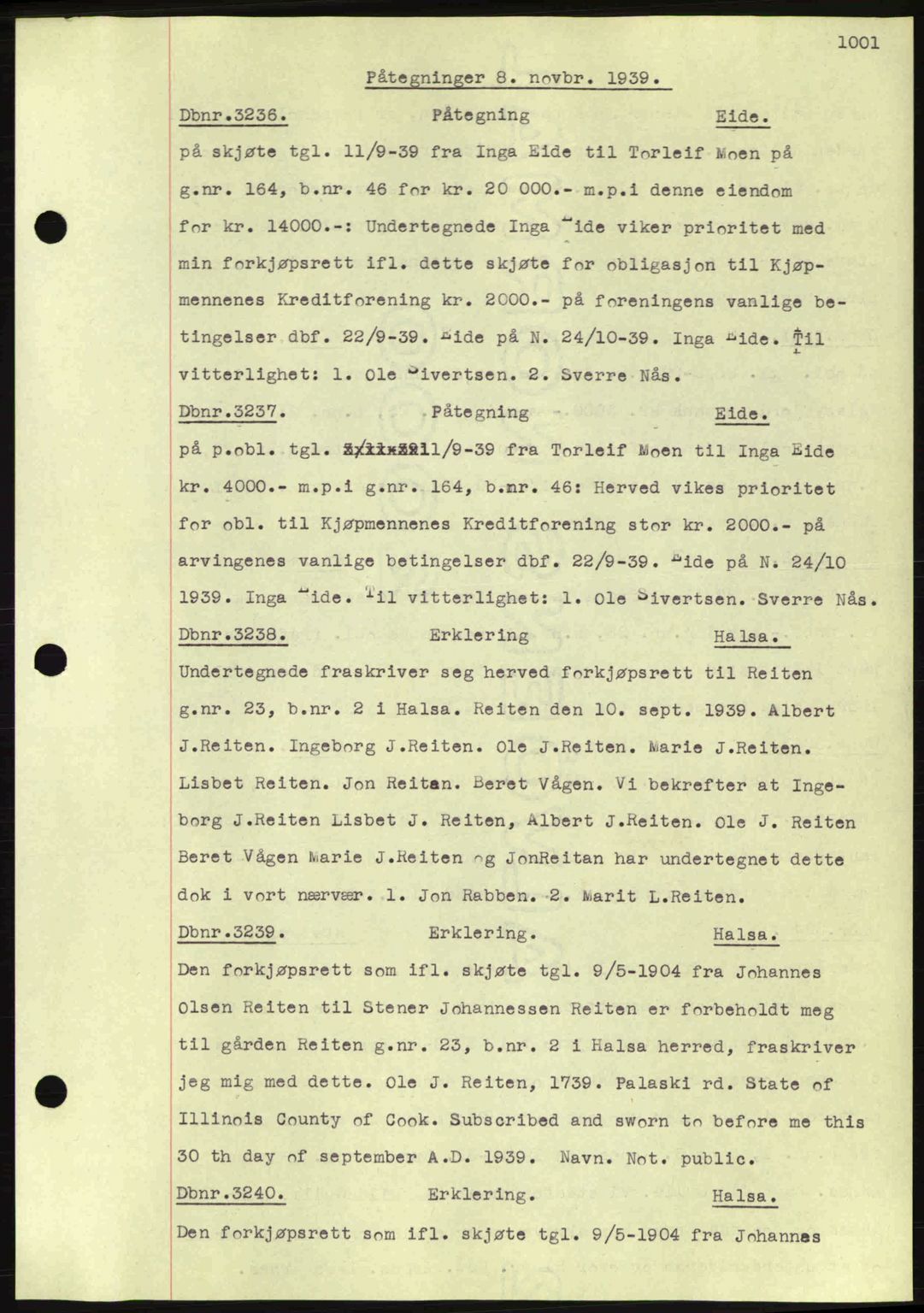 Nordmøre sorenskriveri, AV/SAT-A-4132/1/2/2Ca: Mortgage book no. C80, 1936-1939, Diary no: : 3236/1939