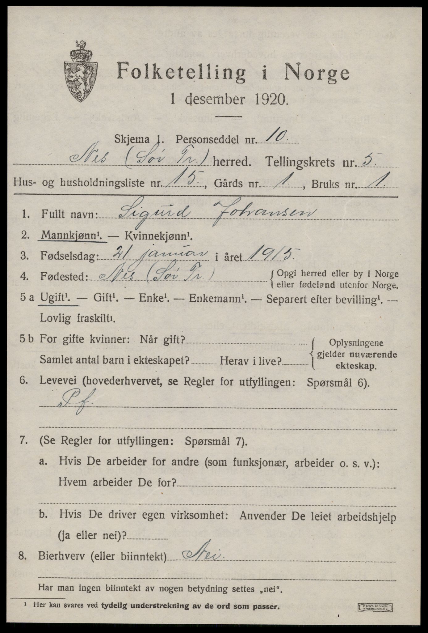 SAT, 1920 census for Nes (ST), 1920, p. 3067