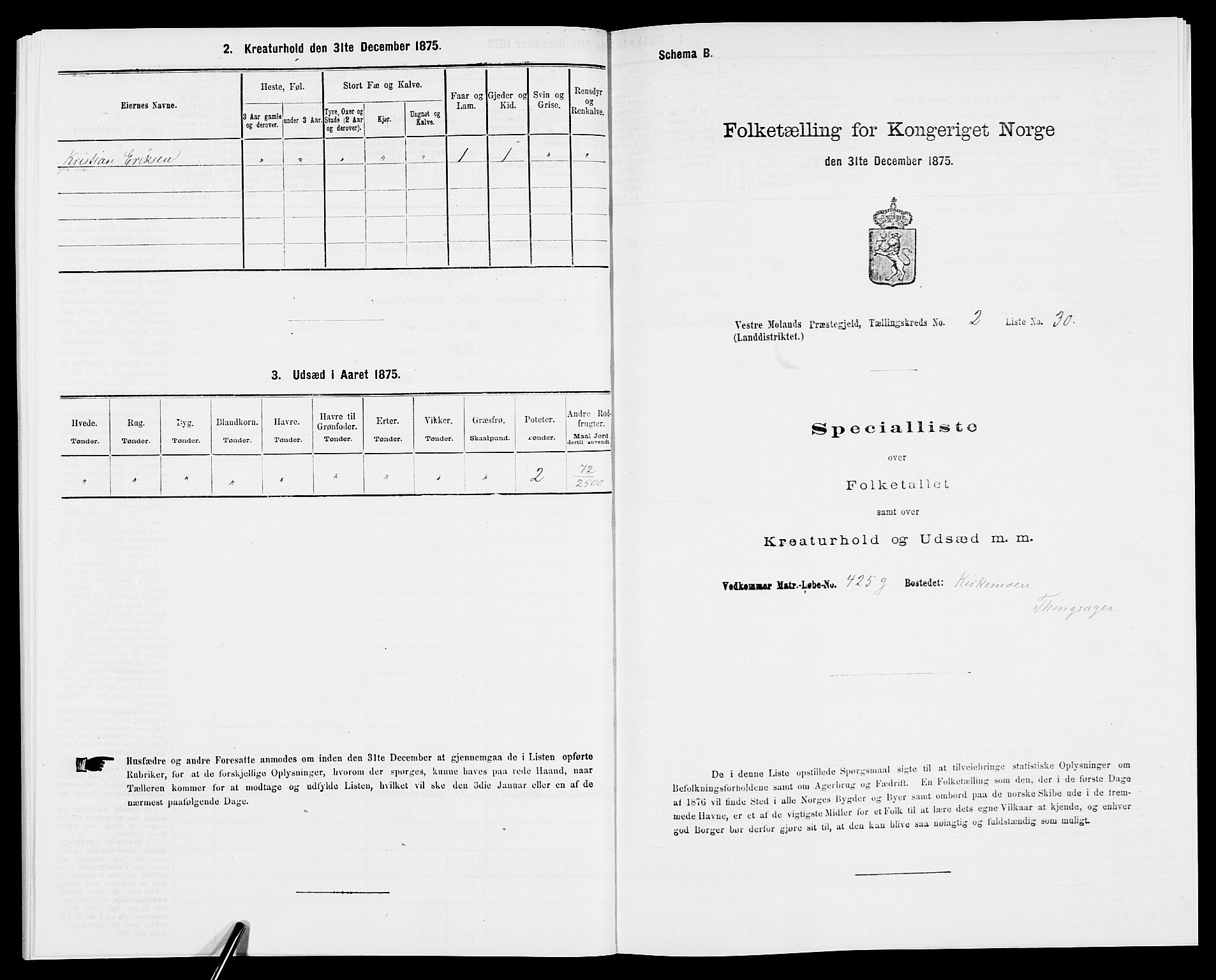 SAK, 1875 census for 0926L Vestre Moland/Vestre Moland, 1875, p. 233