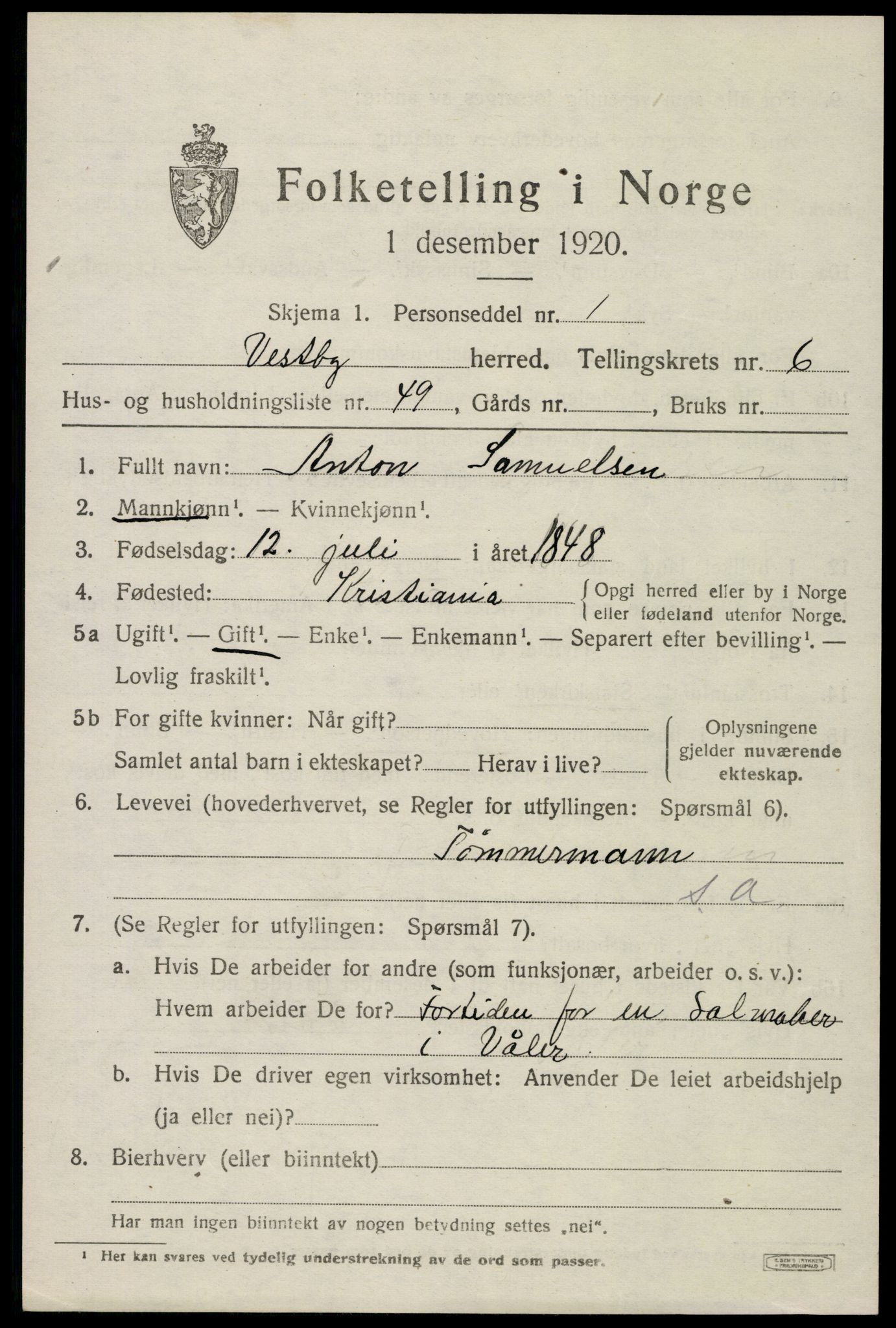 SAO, 1920 census for Vestby, 1920, p. 7287