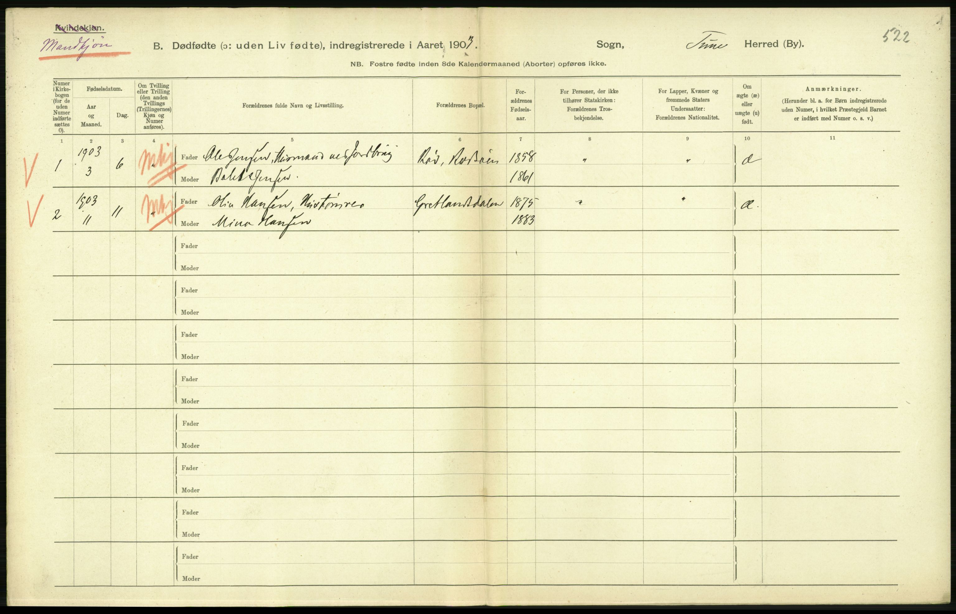 Statistisk sentralbyrå, Sosiodemografiske emner, Befolkning, AV/RA-S-2228/D/Df/Dfa/Dfaa/L0024: Smålenenes - Stavanger amt: Dødfødte. Bygder., 1903, p. 40