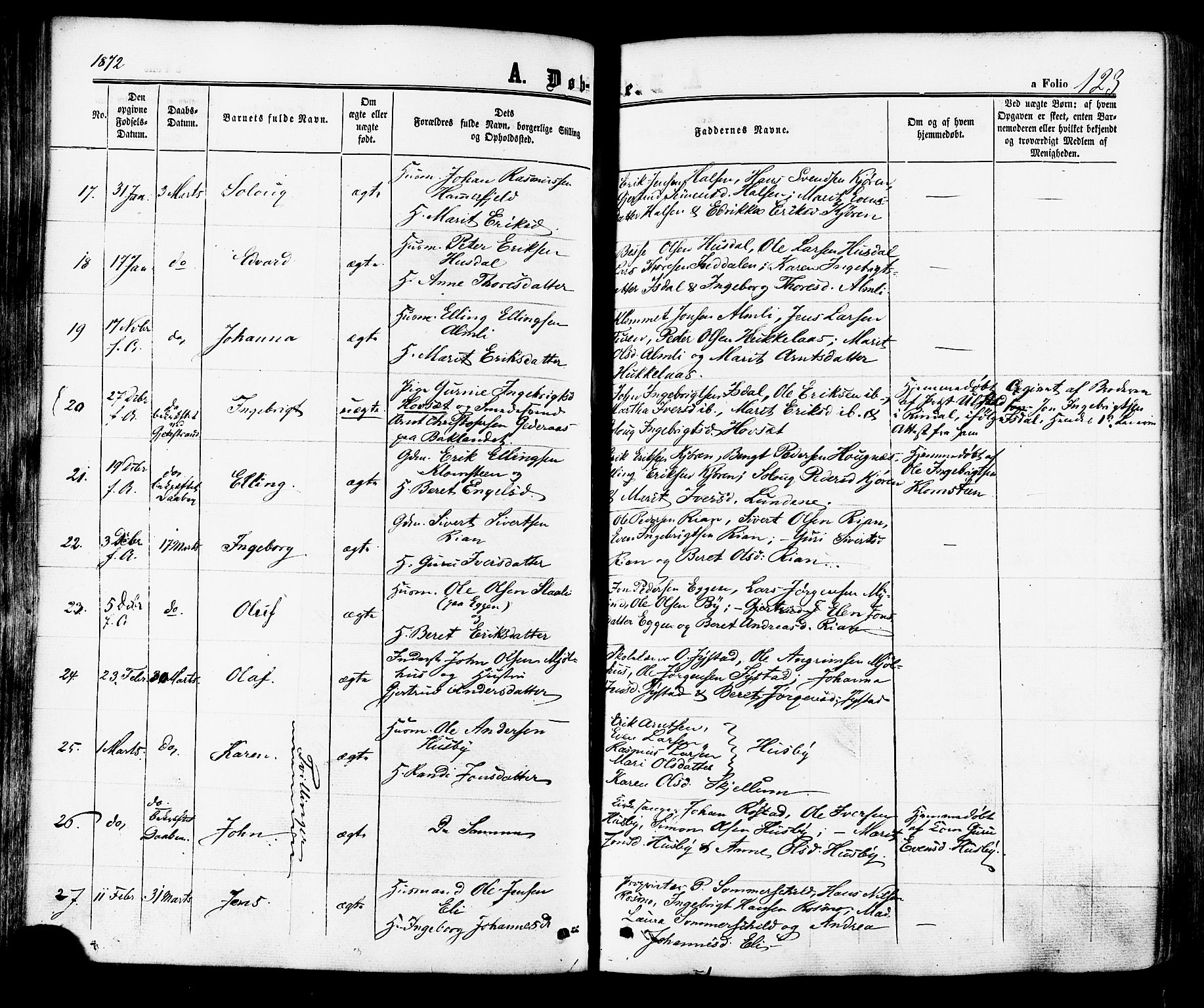 Ministerialprotokoller, klokkerbøker og fødselsregistre - Sør-Trøndelag, AV/SAT-A-1456/665/L0772: Parish register (official) no. 665A07, 1856-1878, p. 123