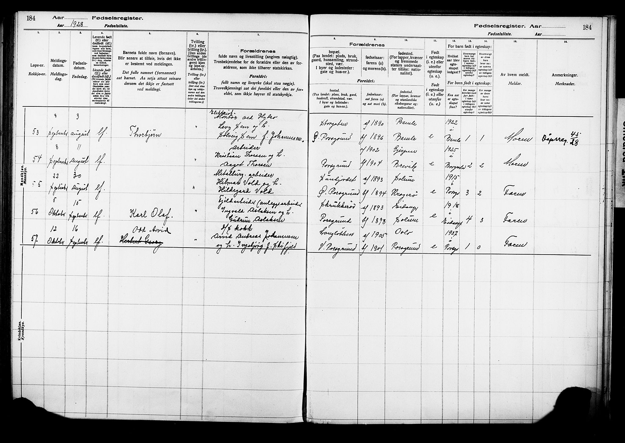 Porsgrunn kirkebøker , AV/SAKO-A-104/J/Ja/L0001: Birth register no. 1, 1916-1929, p. 184