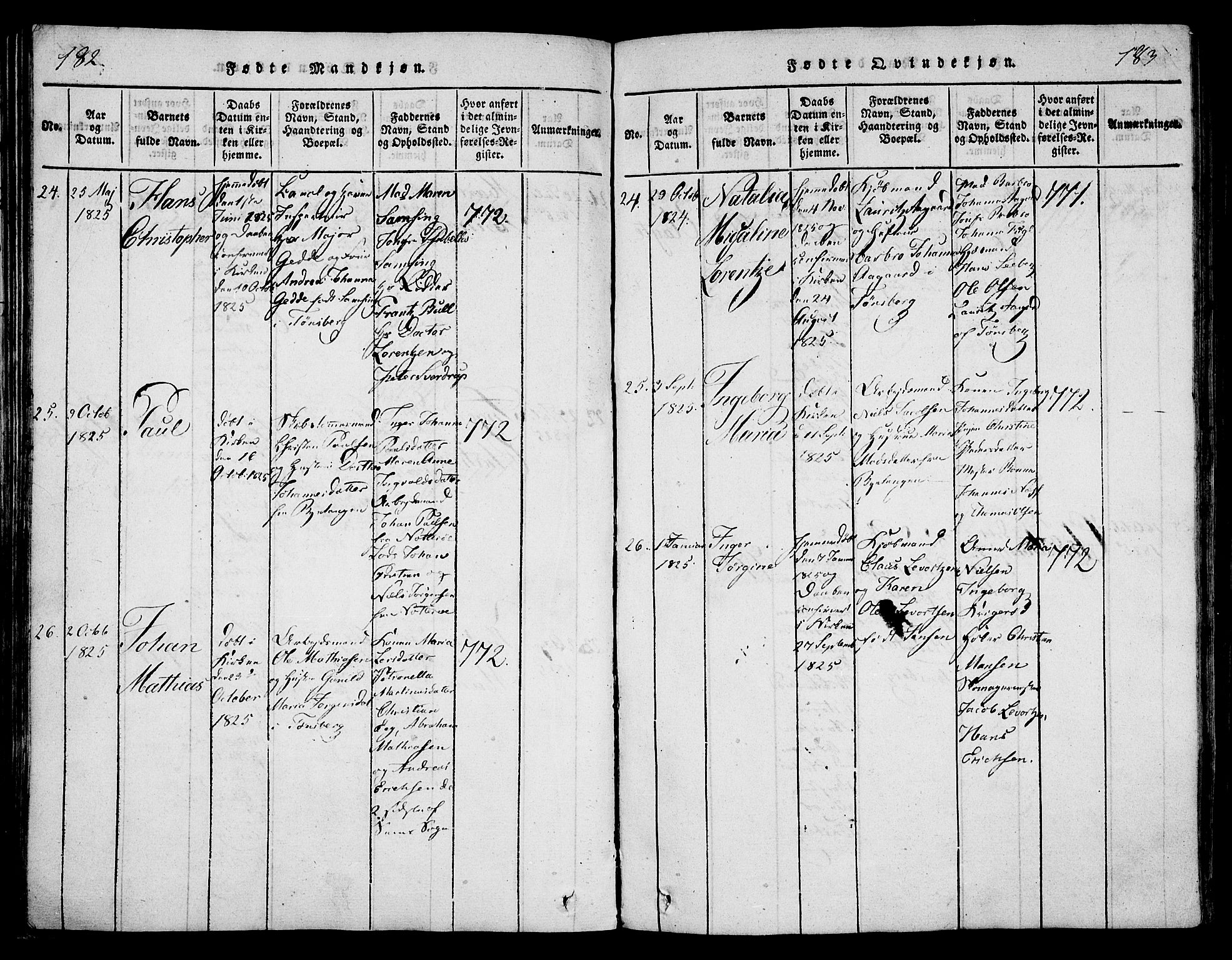 Tønsberg kirkebøker, SAKO/A-330/F/Fa/L0004: Parish register (official) no. I 4, 1813-1826, p. 182-183