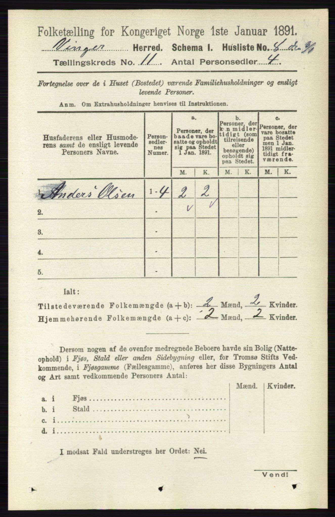 RA, 1891 census for 0421 Vinger, 1891, p. 5289