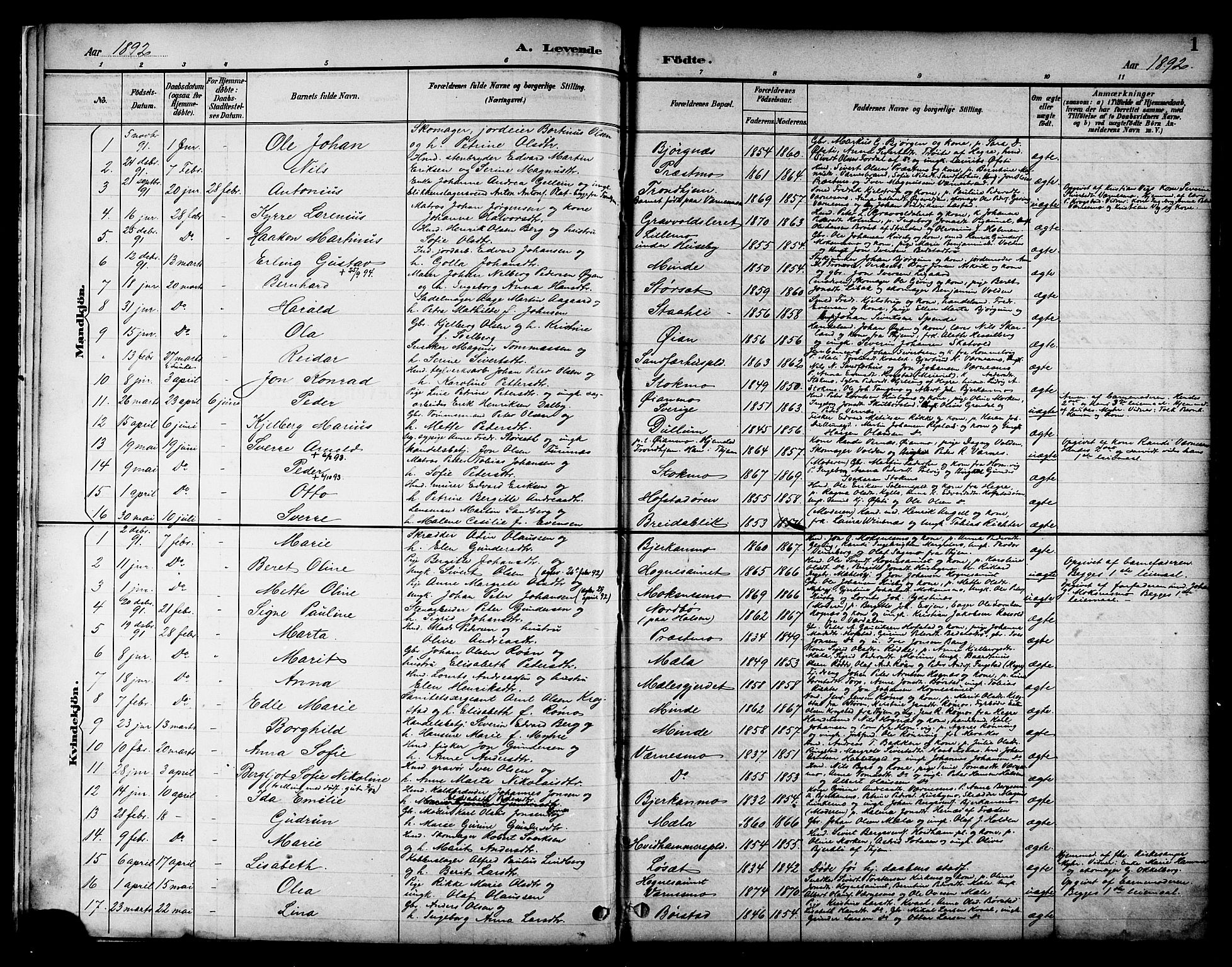 Ministerialprotokoller, klokkerbøker og fødselsregistre - Nord-Trøndelag, SAT/A-1458/709/L0087: Parish register (copy) no. 709C01, 1892-1913, p. 1