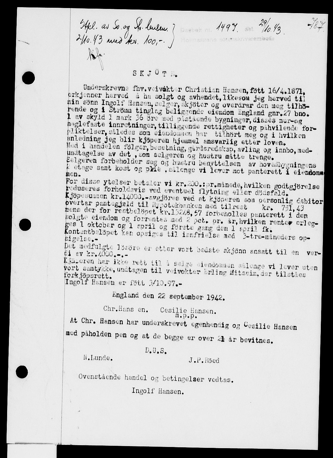 Holmestrand sorenskriveri, AV/SAKO-A-67/G/Ga/Gaa/L0057: Mortgage book no. A-57, 1943-1944, Diary no: : 1497/1943