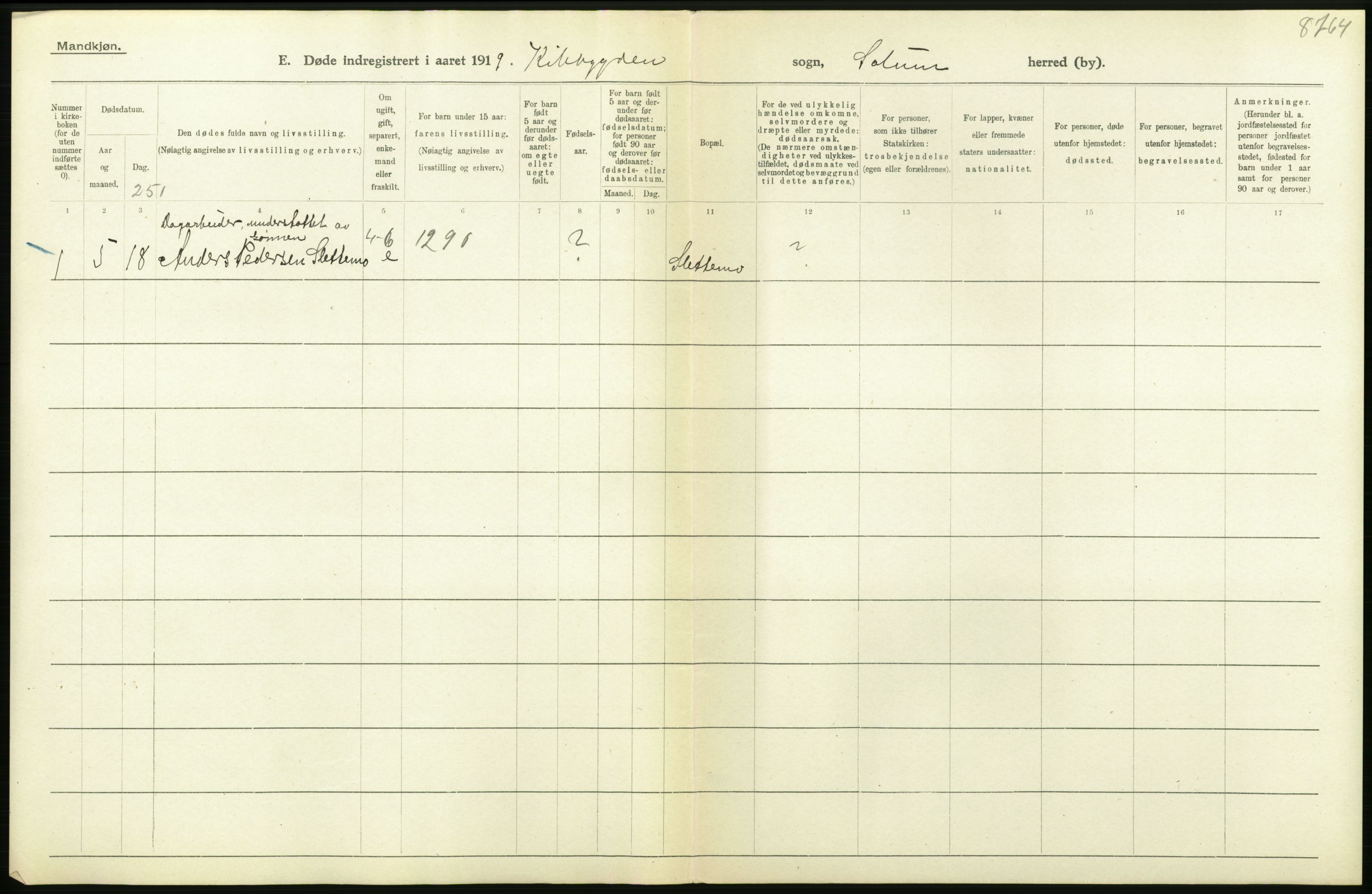 Statistisk sentralbyrå, Sosiodemografiske emner, Befolkning, AV/RA-S-2228/D/Df/Dfb/Dfbi/L0023: Telemark fylke: Døde. Bygder og byer., 1919, p. 58