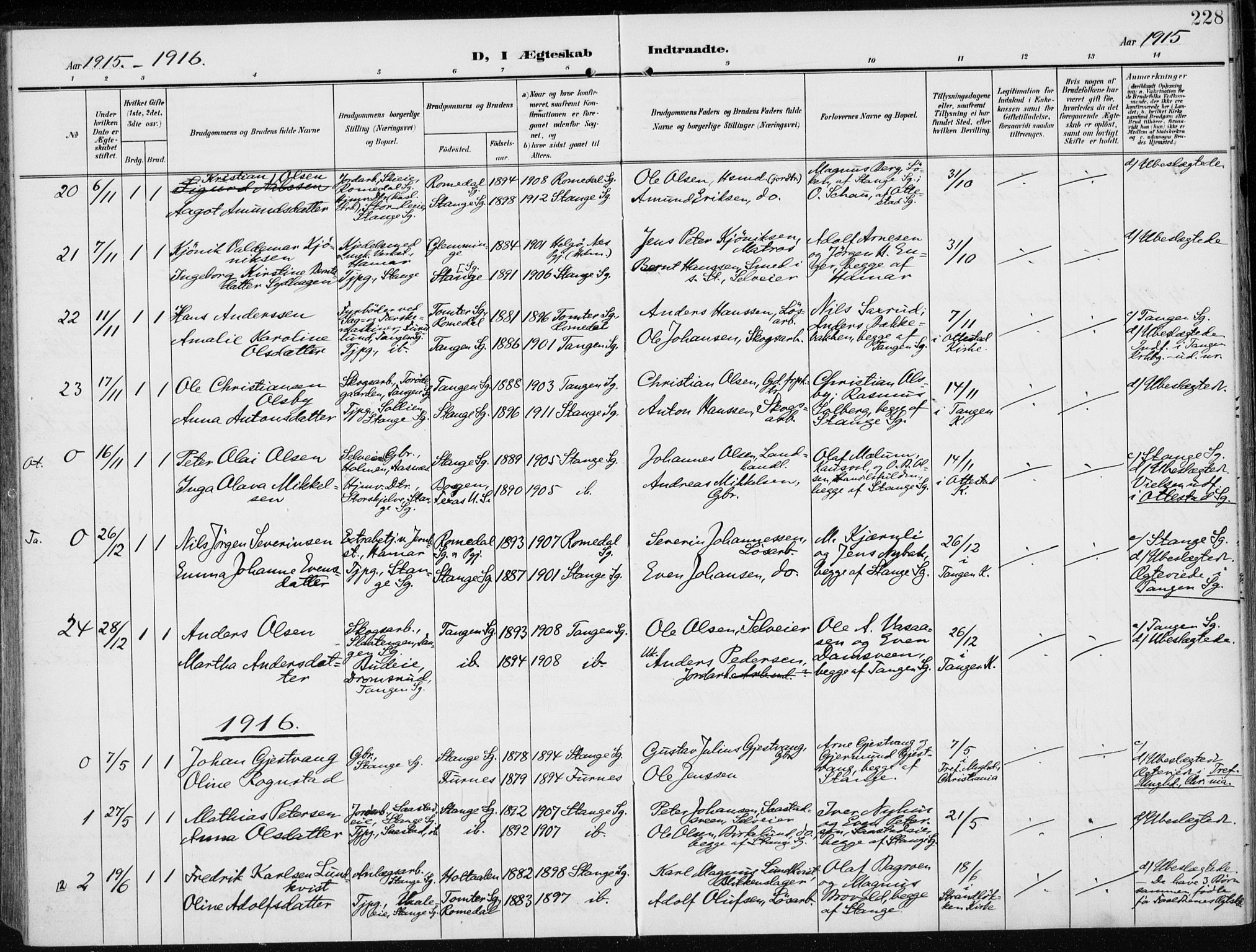 Stange prestekontor, SAH/PREST-002/K/L0024: Parish register (official) no. 24, 1906-1922, p. 228