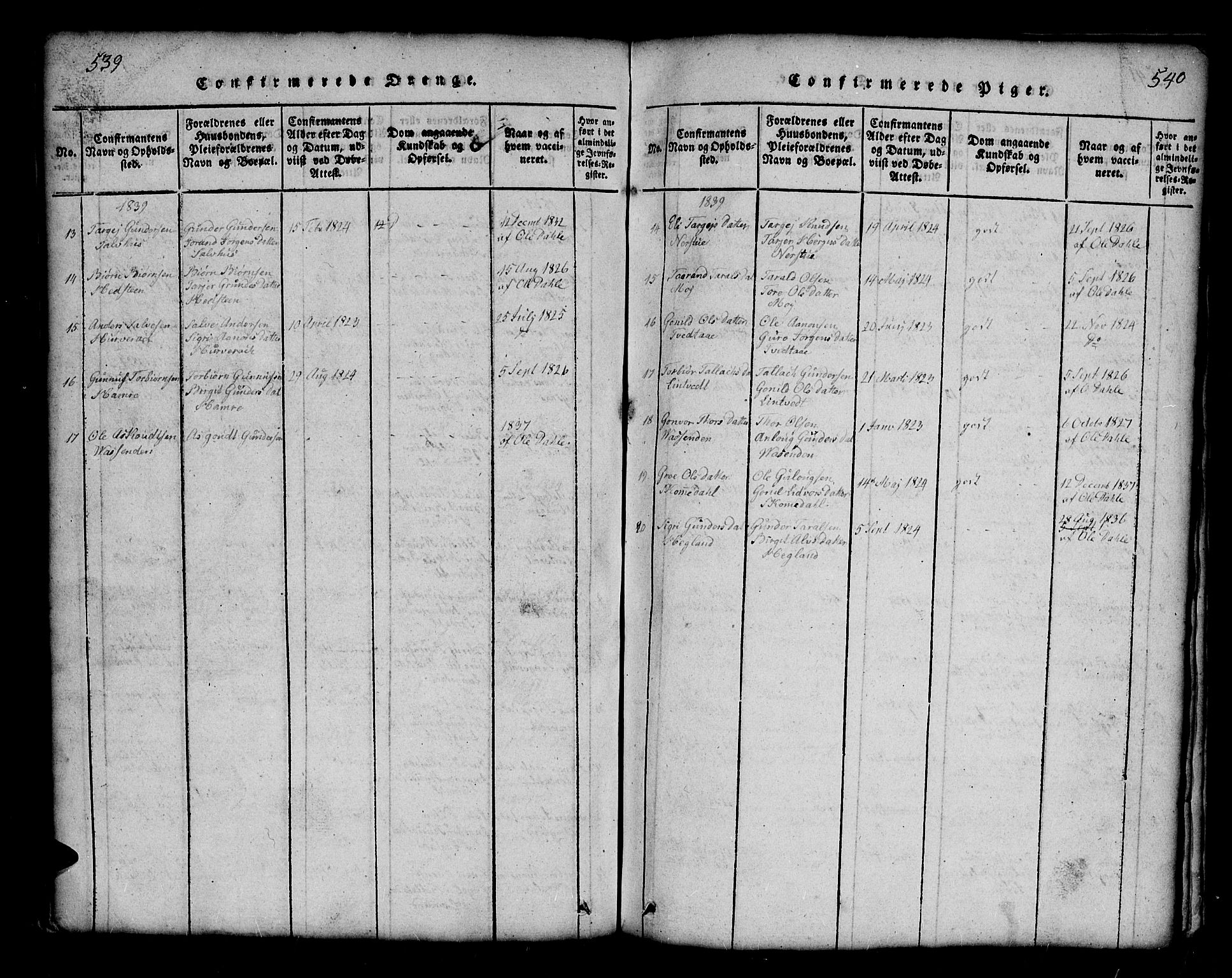 Bygland sokneprestkontor, AV/SAK-1111-0006/F/Fb/Fbb/L0001: Parish register (copy) no. B 1, 1816-1843, p. 539-540