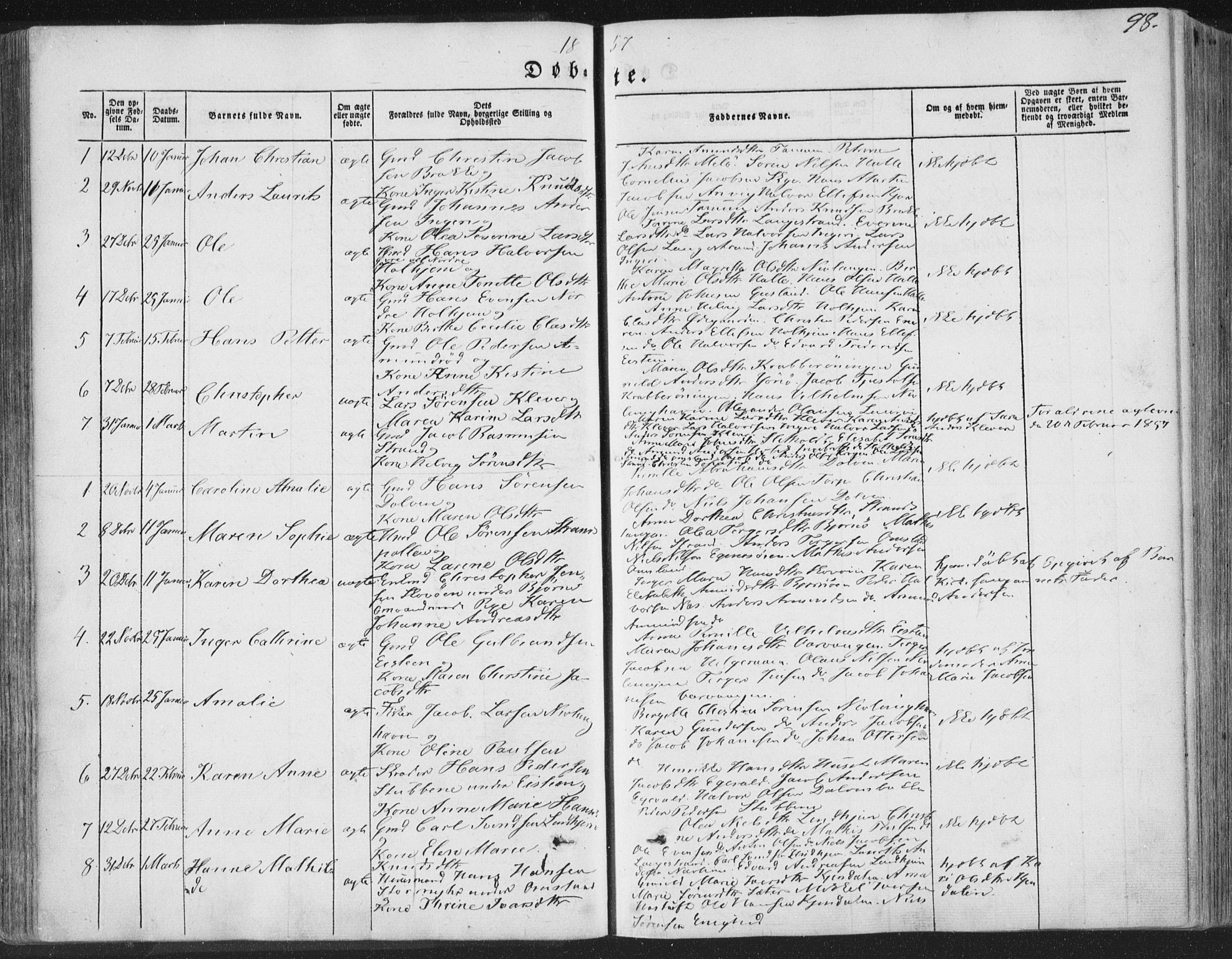 Brunlanes kirkebøker, SAKO/A-342/F/Fa/L0004: Parish register (official) no. I 4, 1846-1862, p. 98