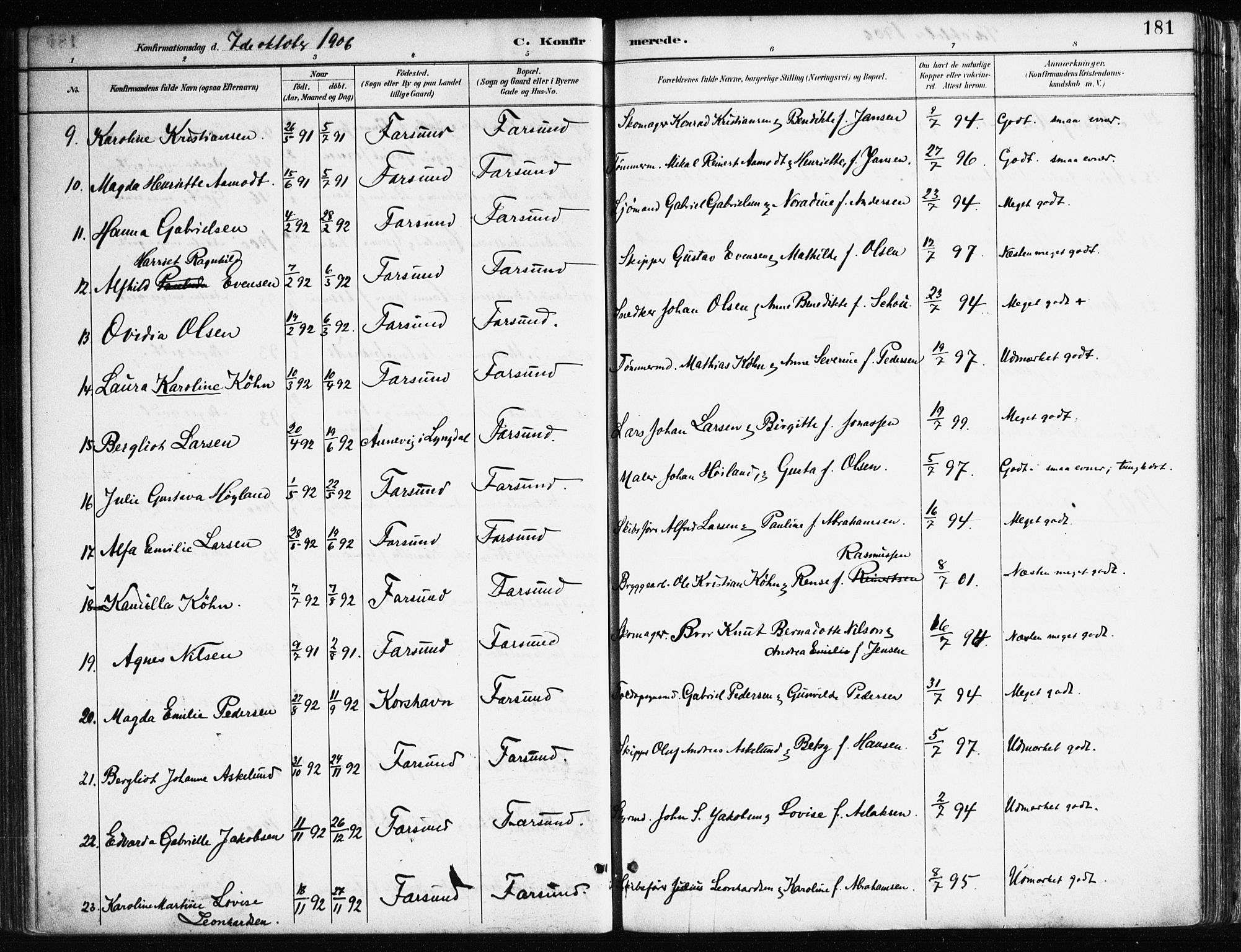 Farsund sokneprestkontor, AV/SAK-1111-0009/F/Fa/L0006: Parish register (official) no. A 6, 1887-1920, p. 181