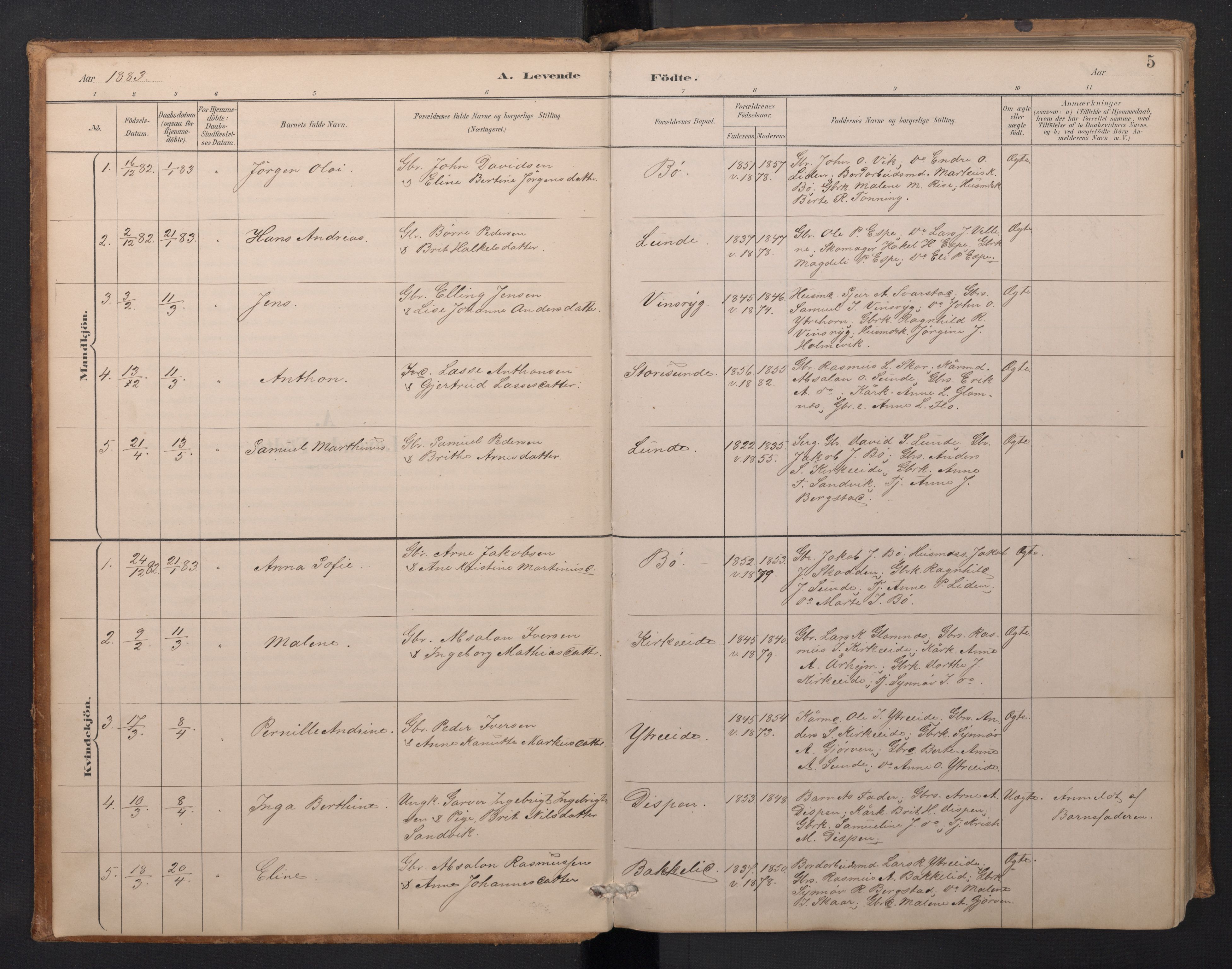 Stryn Sokneprestembete, SAB/A-82501: Parish register (copy) no. A 2, 1883-1905, p. 4b-5a
