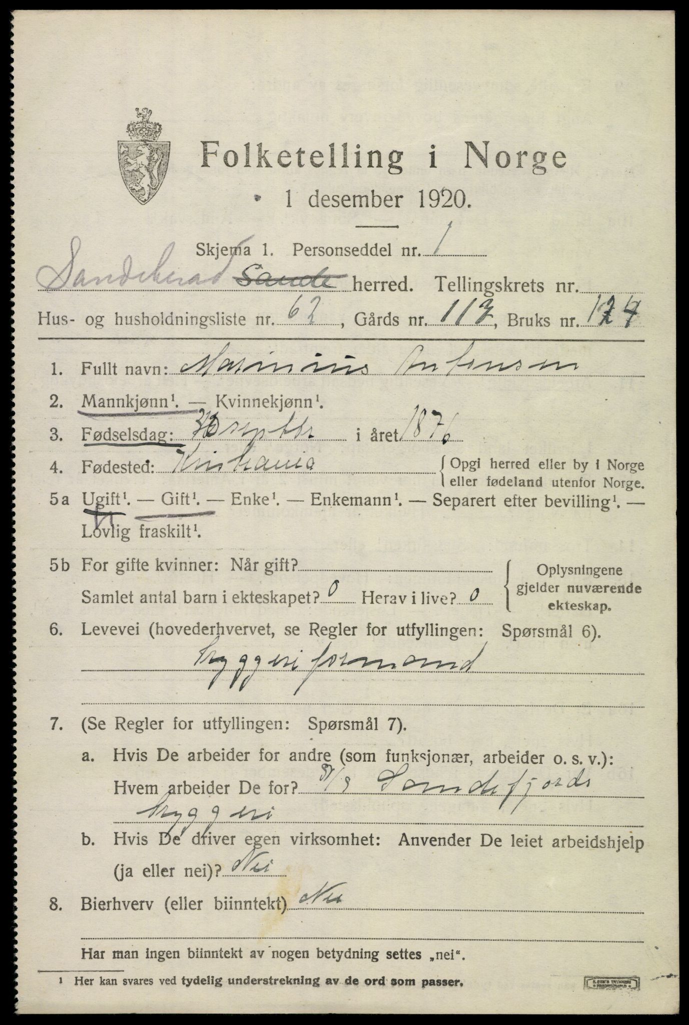 SAKO, 1920 census for Sandeherred, 1920, p. 20150