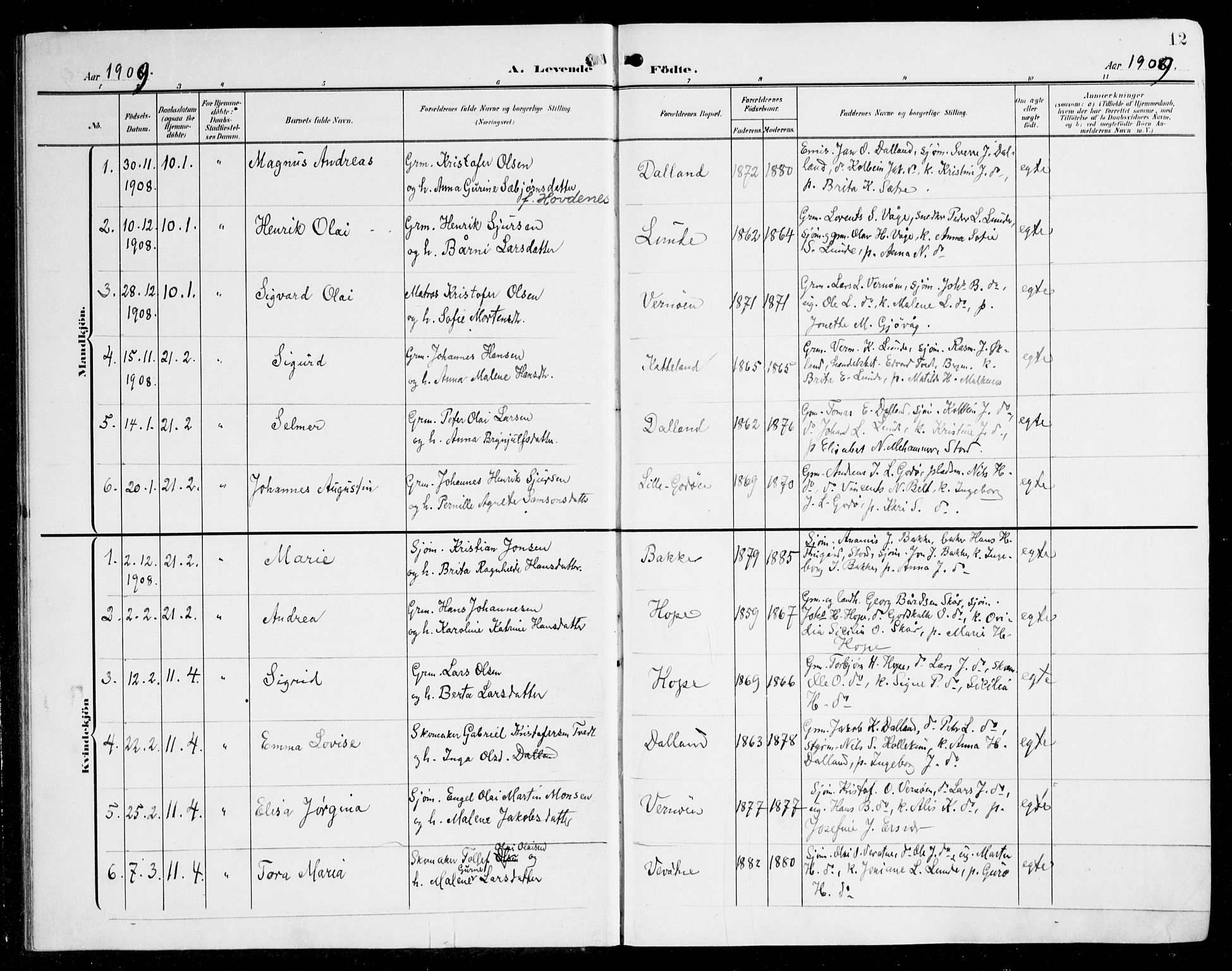 Tysnes sokneprestembete, SAB/A-78601/H/Haa: Parish register (official) no. B 2, 1907-1925, p. 12