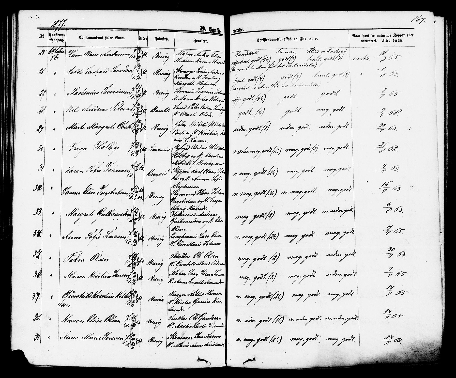 Brevik kirkebøker, AV/SAKO-A-255/F/Fa/L0006: Parish register (official) no. 6, 1866-1881, p. 167