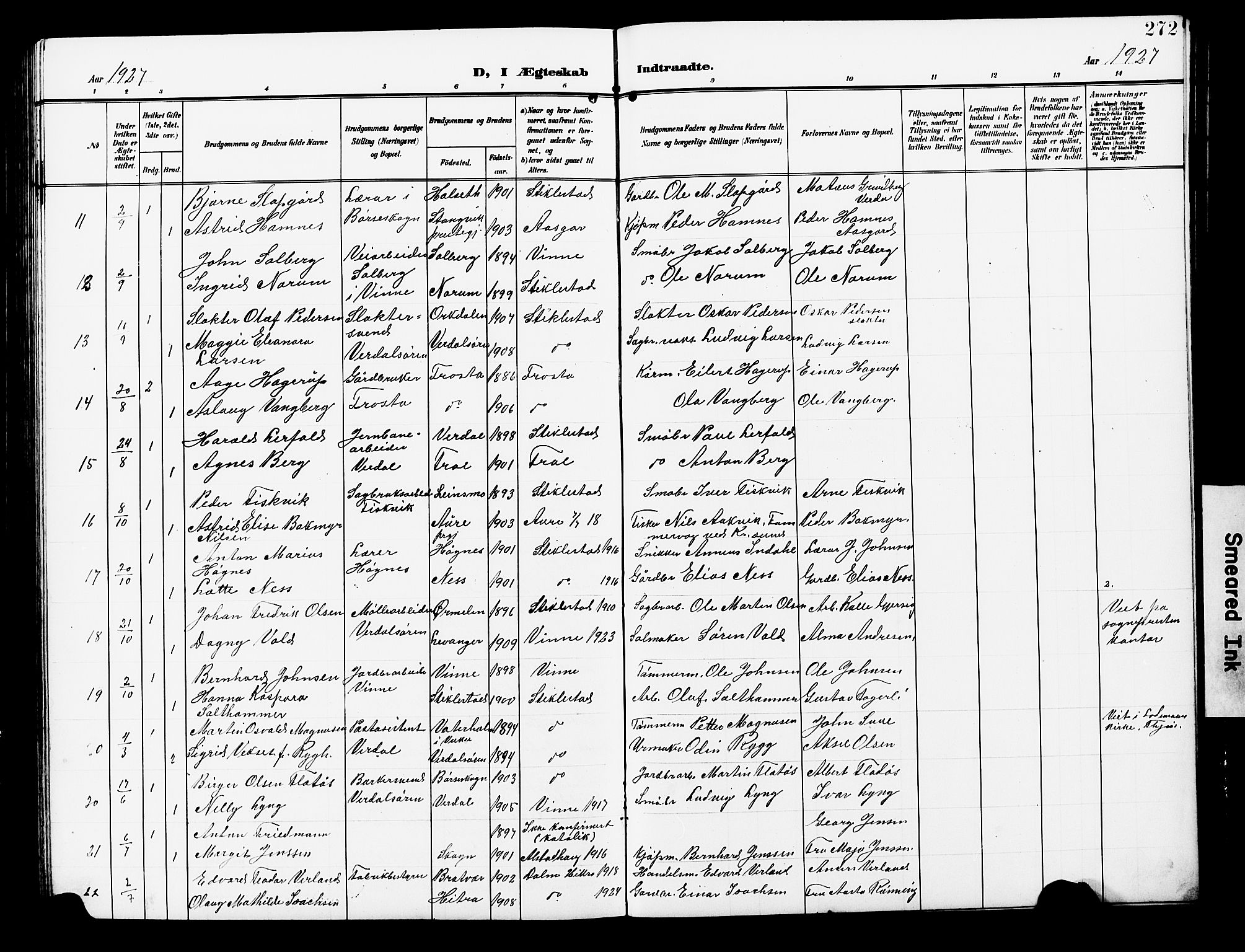 Ministerialprotokoller, klokkerbøker og fødselsregistre - Nord-Trøndelag, AV/SAT-A-1458/723/L0258: Parish register (copy) no. 723C06, 1908-1927, p. 272