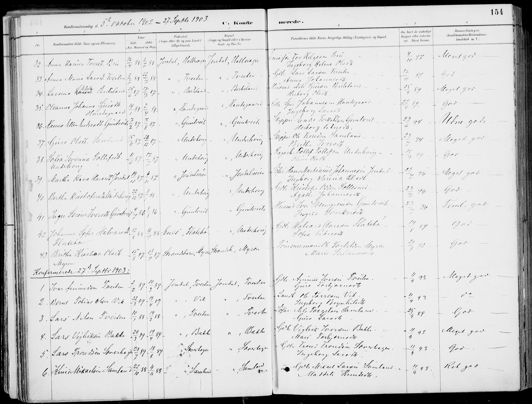 Strandebarm sokneprestembete, SAB/A-78401/H/Haa: Parish register (official) no. E  1, 1886-1908, p. 154