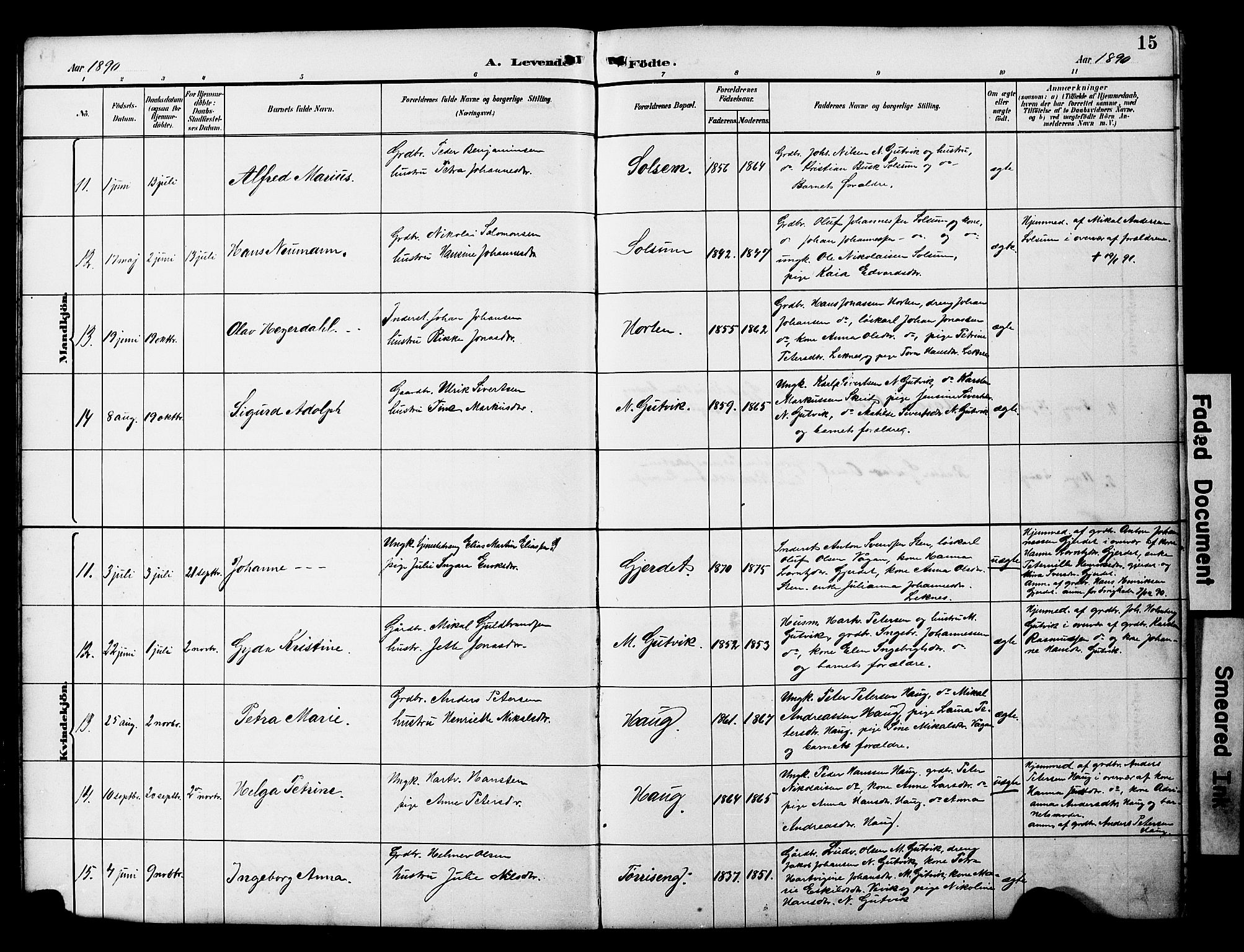 Ministerialprotokoller, klokkerbøker og fødselsregistre - Nord-Trøndelag, SAT/A-1458/788/L0701: Parish register (copy) no. 788C01, 1888-1913, p. 15