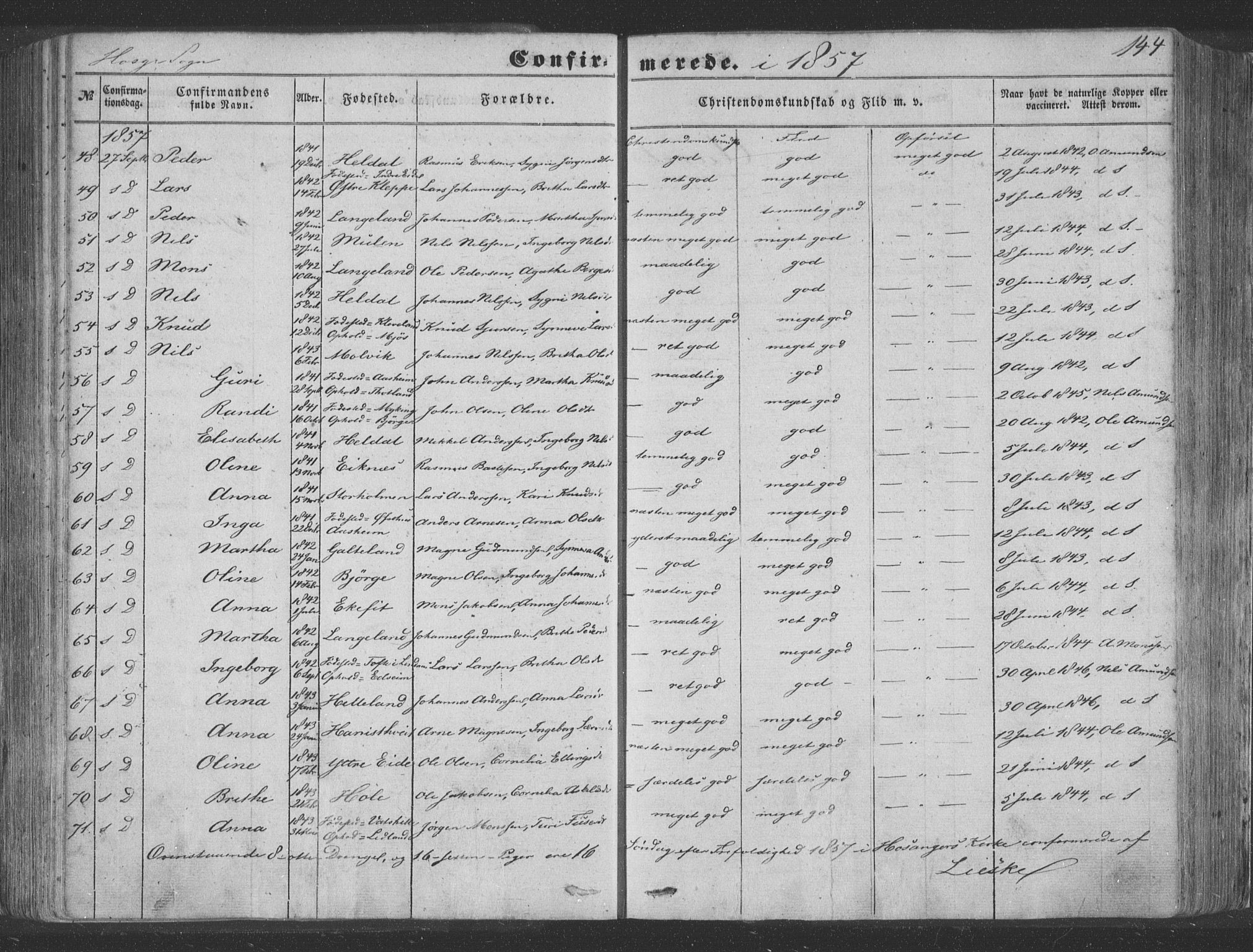 Hosanger sokneprestembete, AV/SAB-A-75801/H/Haa: Parish register (official) no. A 8, 1849-1863, p. 144