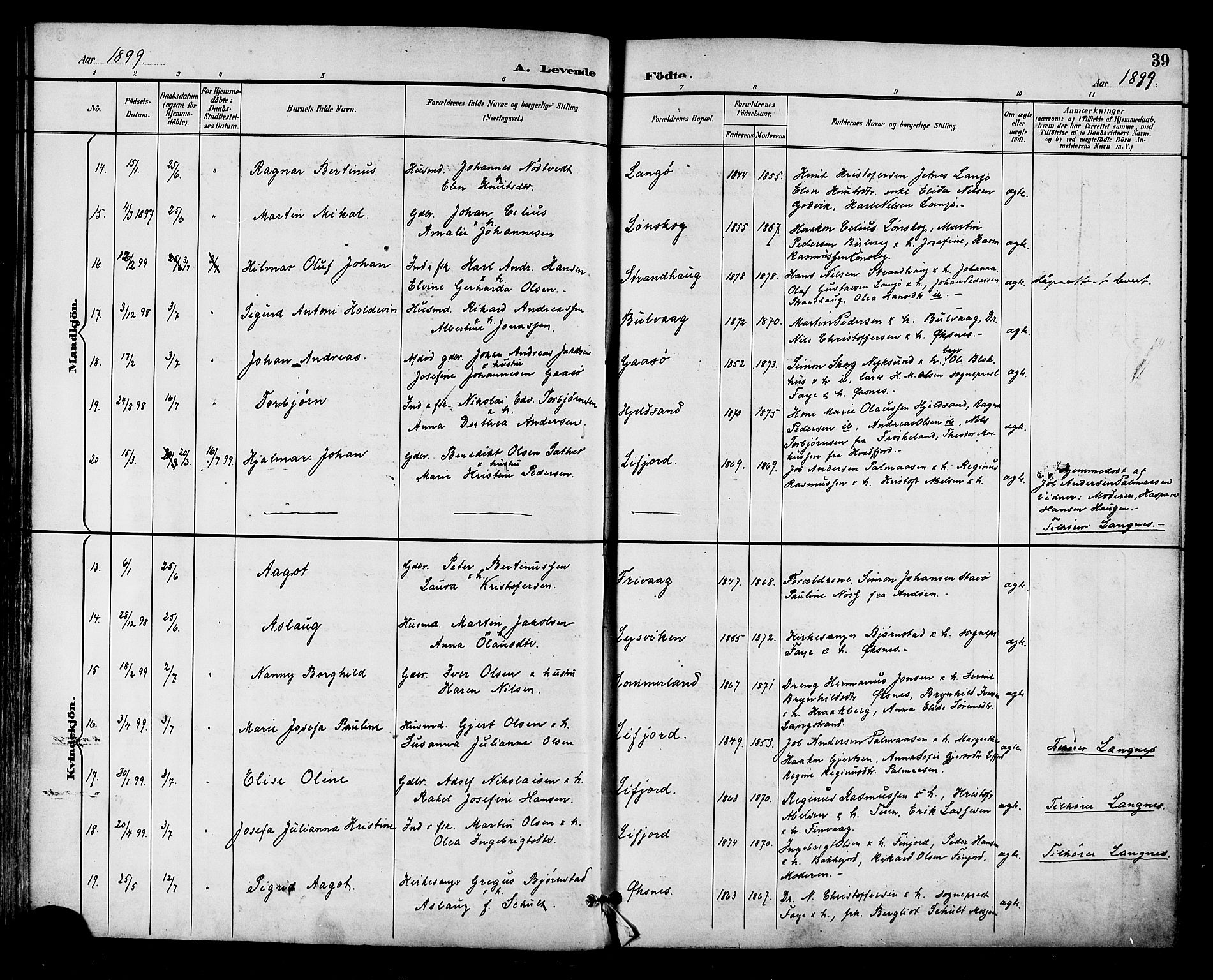 Ministerialprotokoller, klokkerbøker og fødselsregistre - Nordland, SAT/A-1459/893/L1338: Parish register (official) no. 893A10, 1894-1903, p. 39