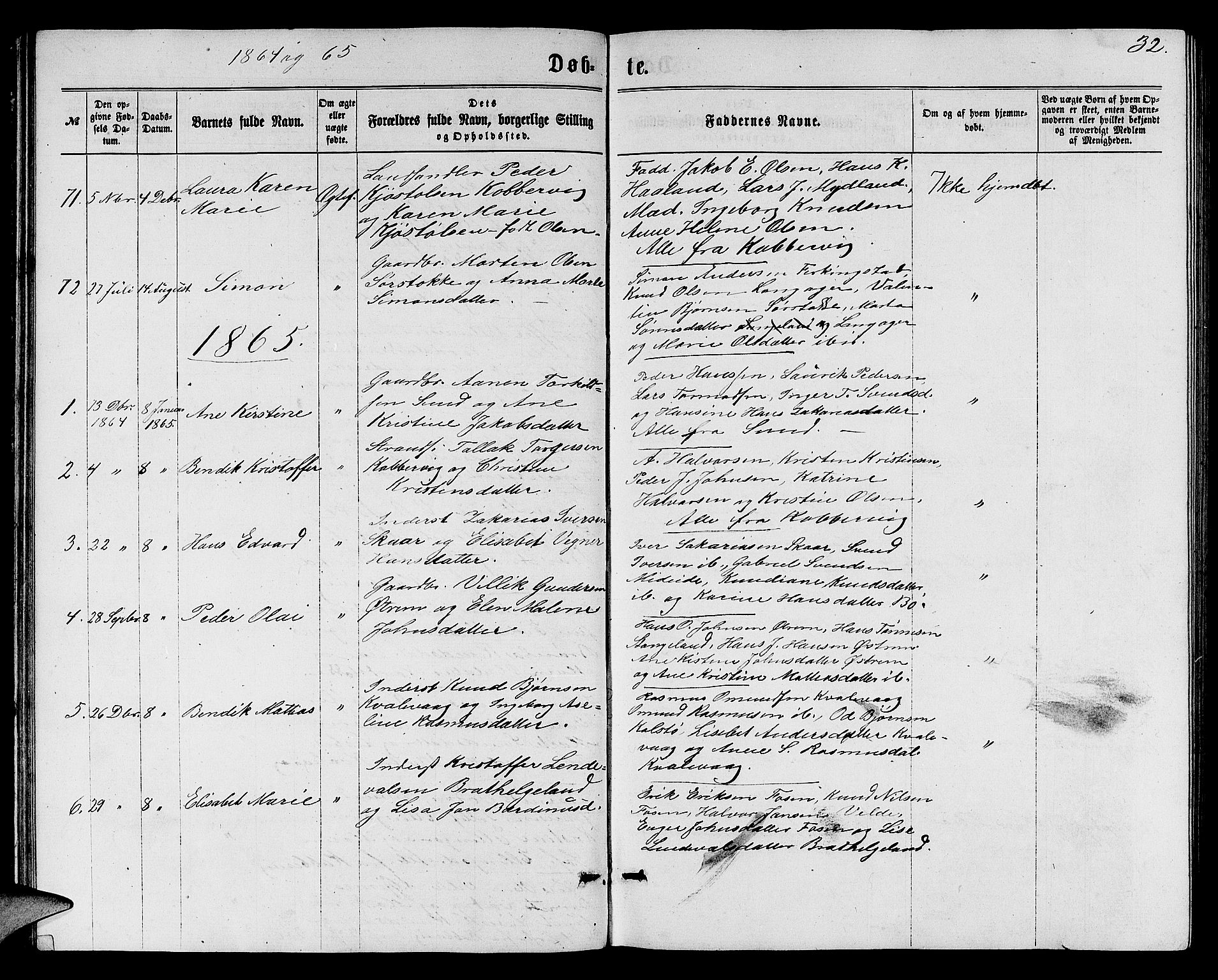 Avaldsnes sokneprestkontor, SAST/A -101851/H/Ha/Hab/L0004: Parish register (copy) no. B 4, 1861-1876, p. 32