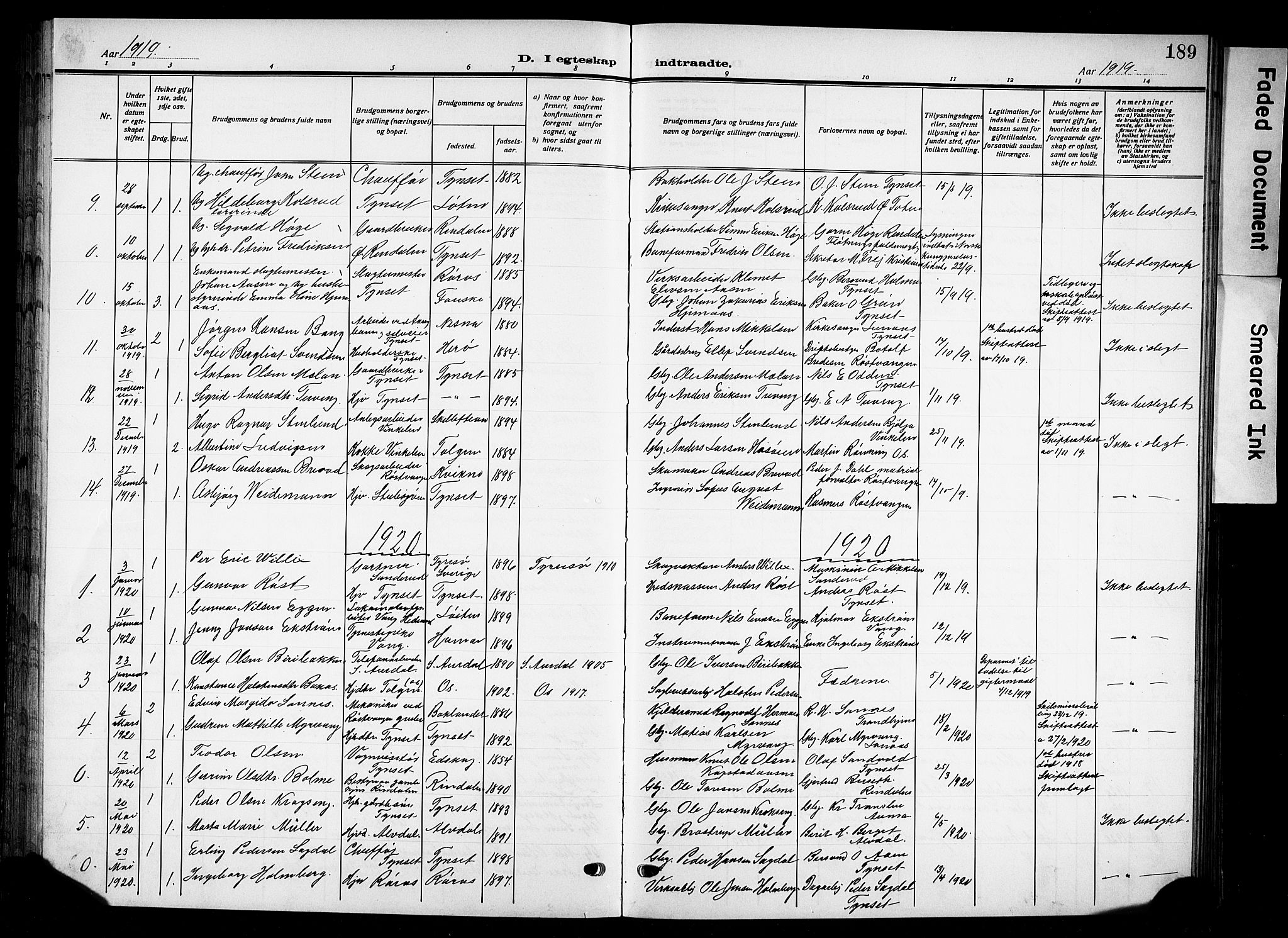 Tynset prestekontor, AV/SAH-PREST-058/H/Ha/Hab/L0011: Parish register (copy) no. 11, 1915-1930, p. 189