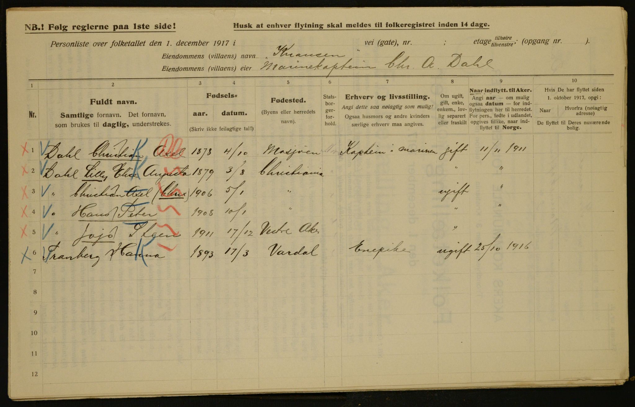 OBA, Municipal Census 1917 for Aker, 1917, p. 4306