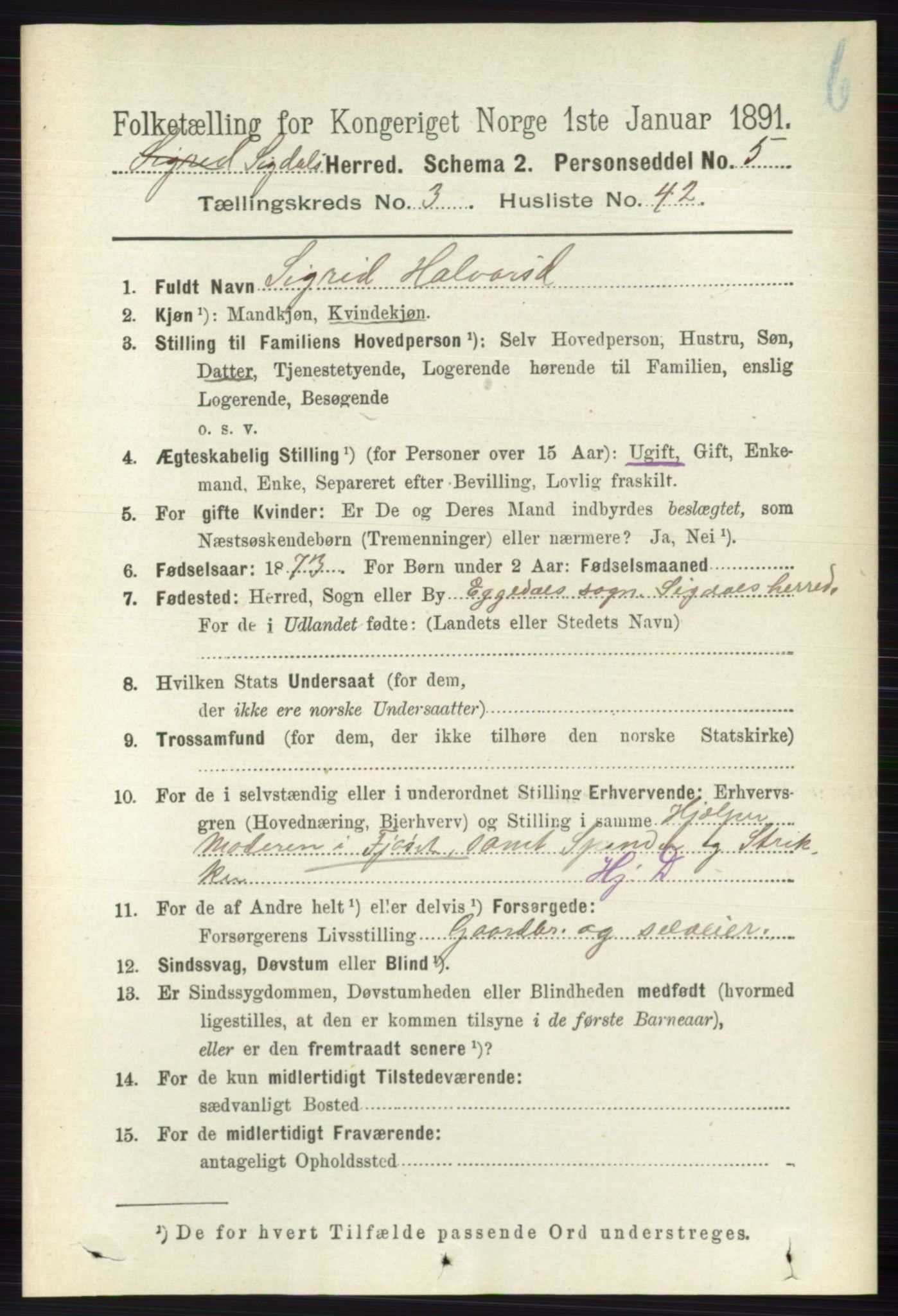 RA, 1891 census for 0621 Sigdal, 1891, p. 4543