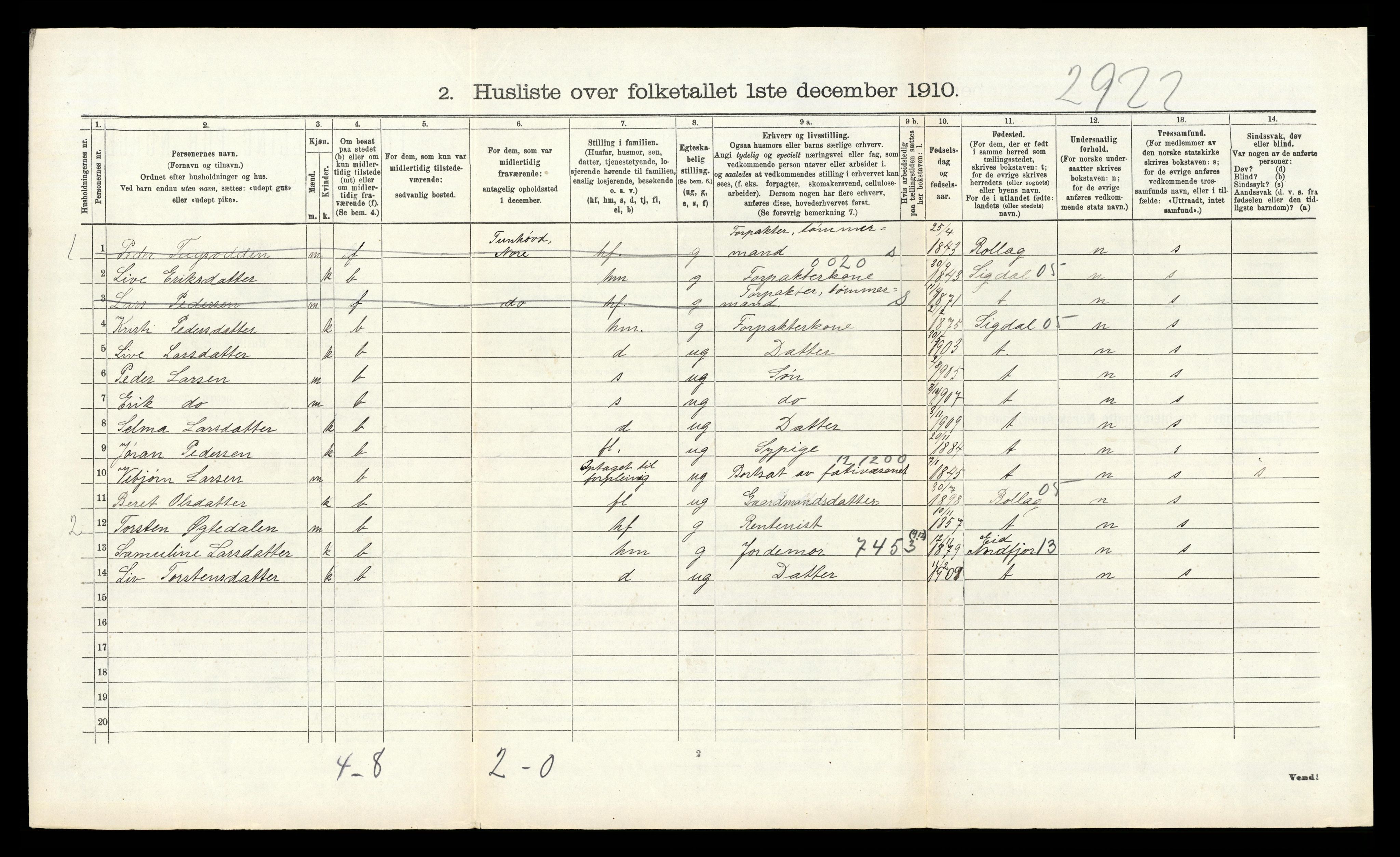 RA, 1910 census for Nore, 1910, p. 296